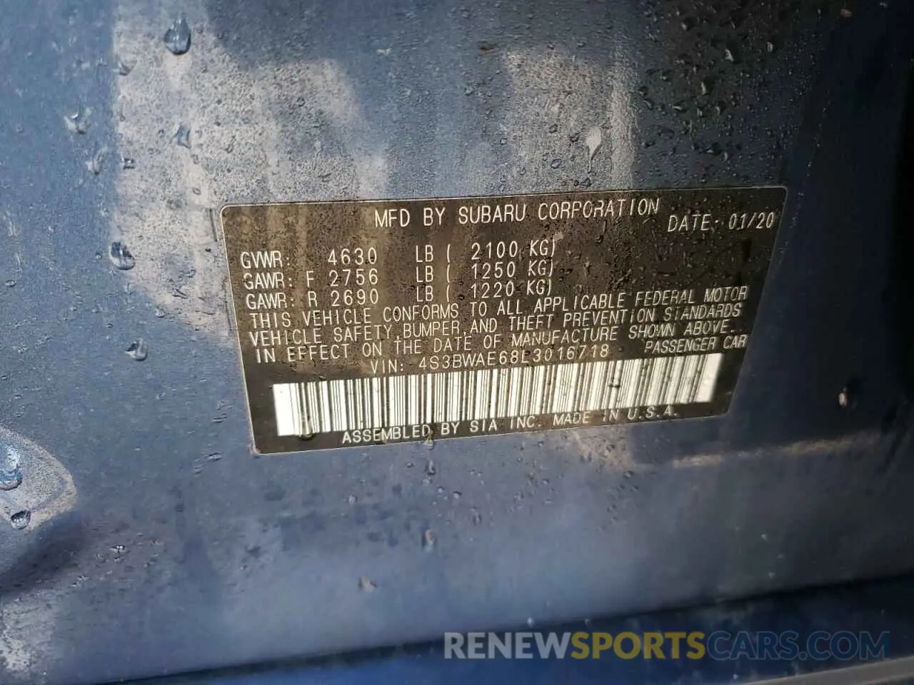 12 fotografías del automóvil dañado 4S3BWAE68L3016718 SUBARU LEGACY 2020