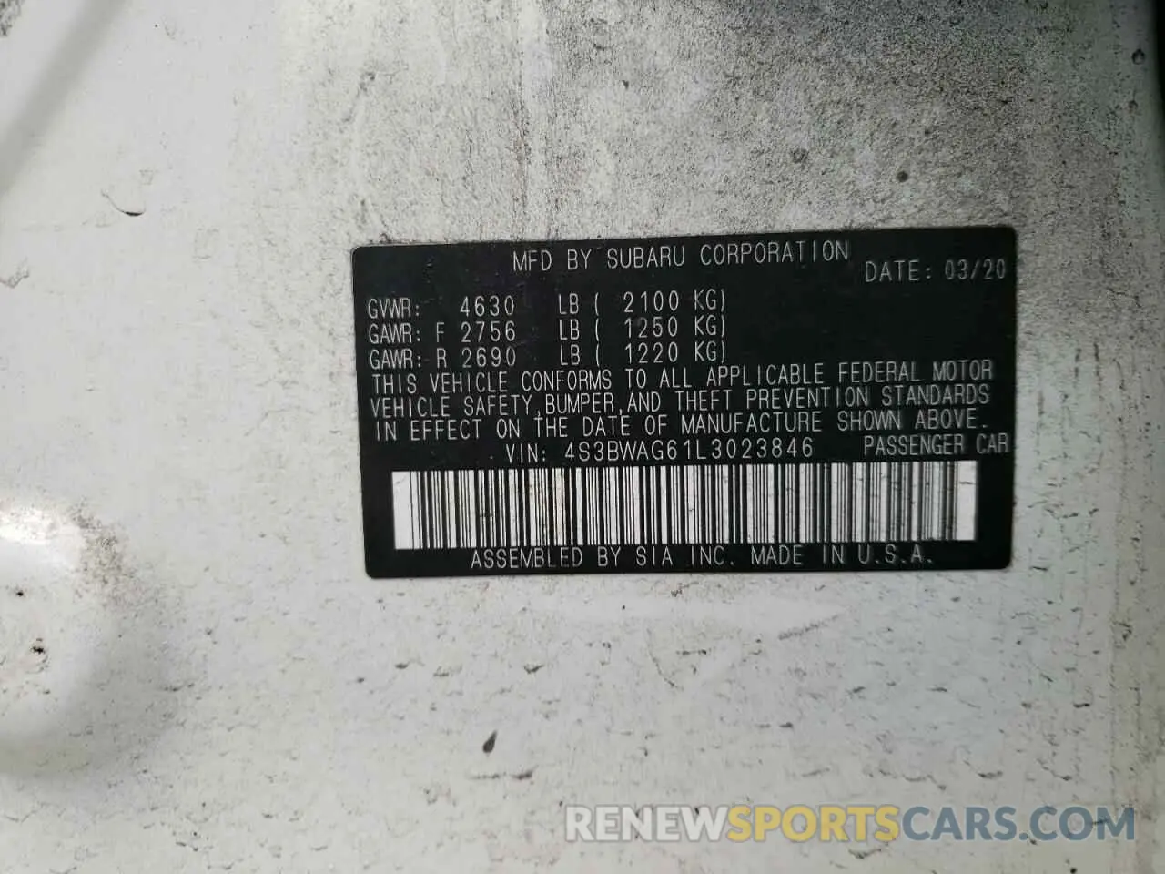 12 fotografías del automóvil dañado 4S3BWAG61L3023846 SUBARU LEGACY 2020