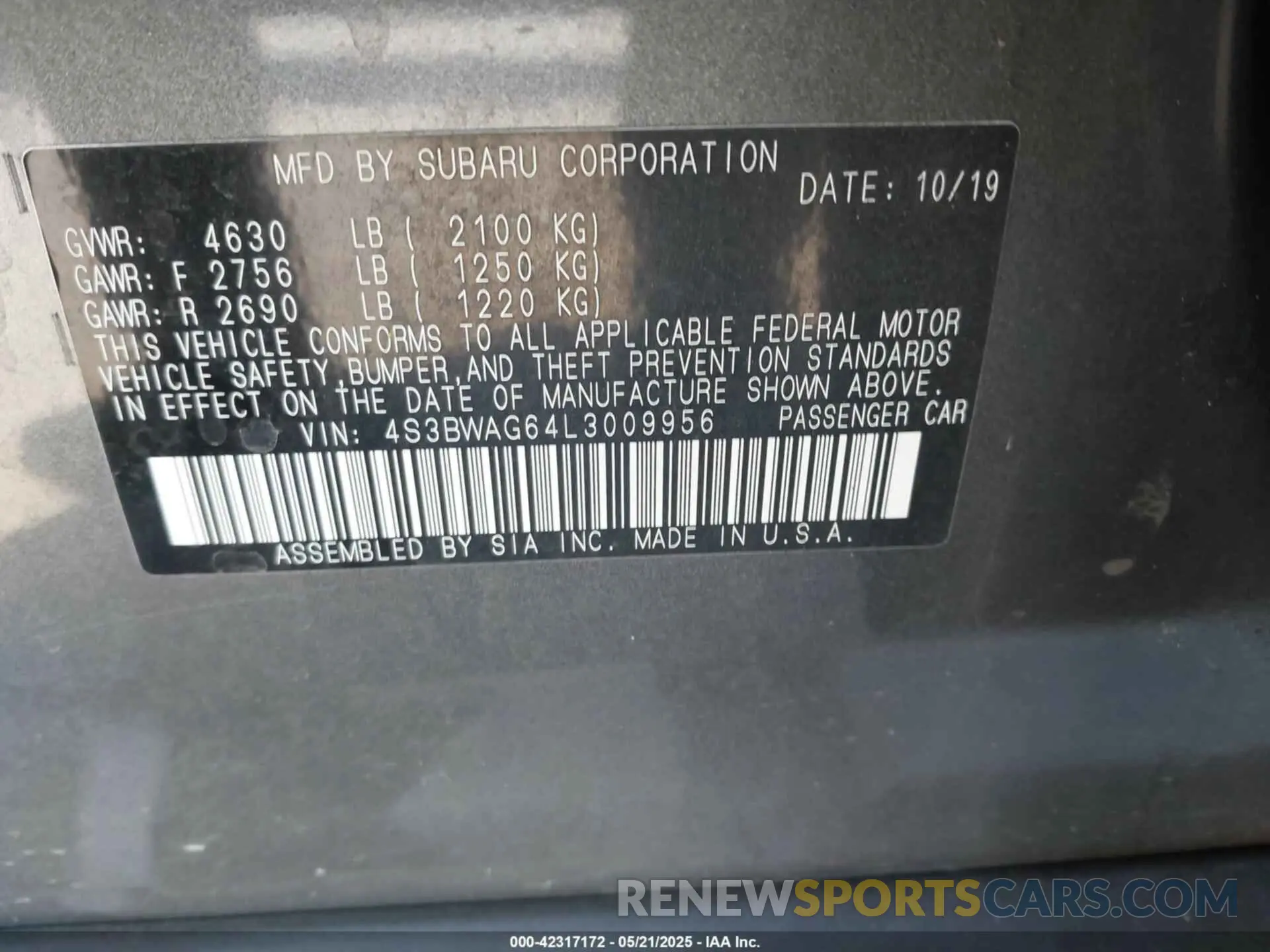 9 fotografías del automóvil dañado 4S3BWAG64L3009956 SUBARU LEGACY 2020