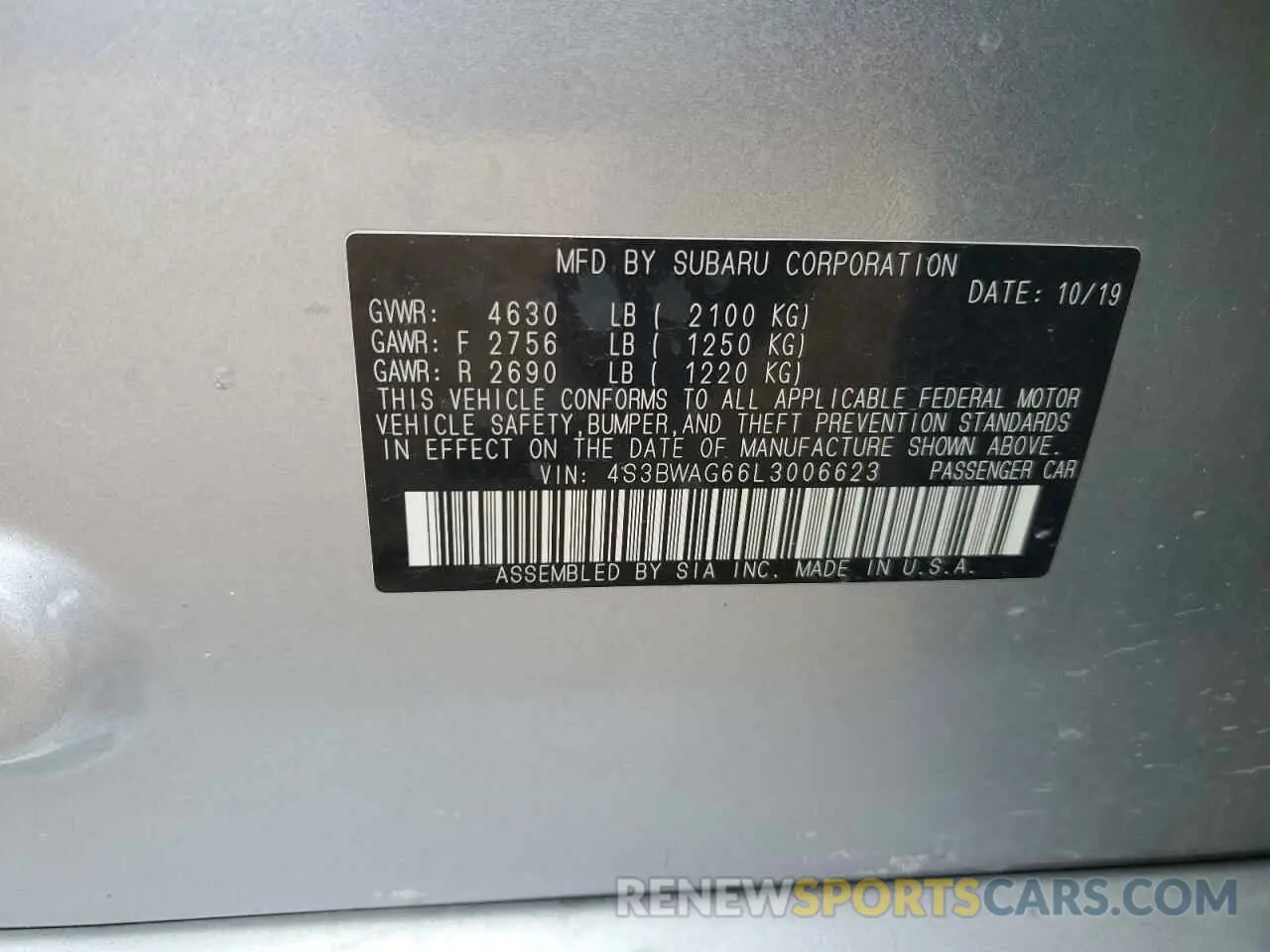 14 fotografías del automóvil dañado 4S3BWAG66L3006623 SUBARU LEGACY 2020