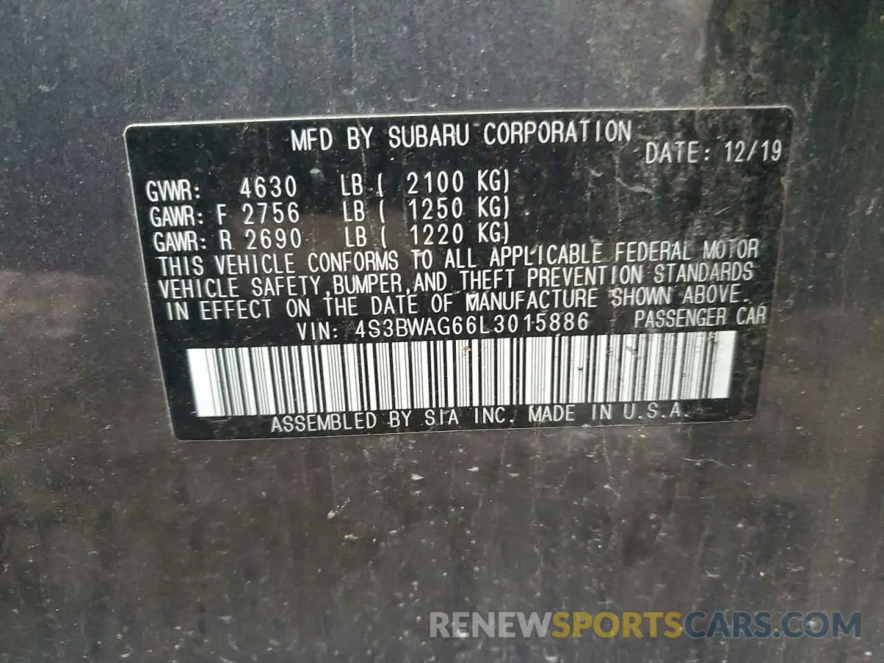 12 fotografías del automóvil dañado 4S3BWAG66L3015886 SUBARU LEGACY 2020