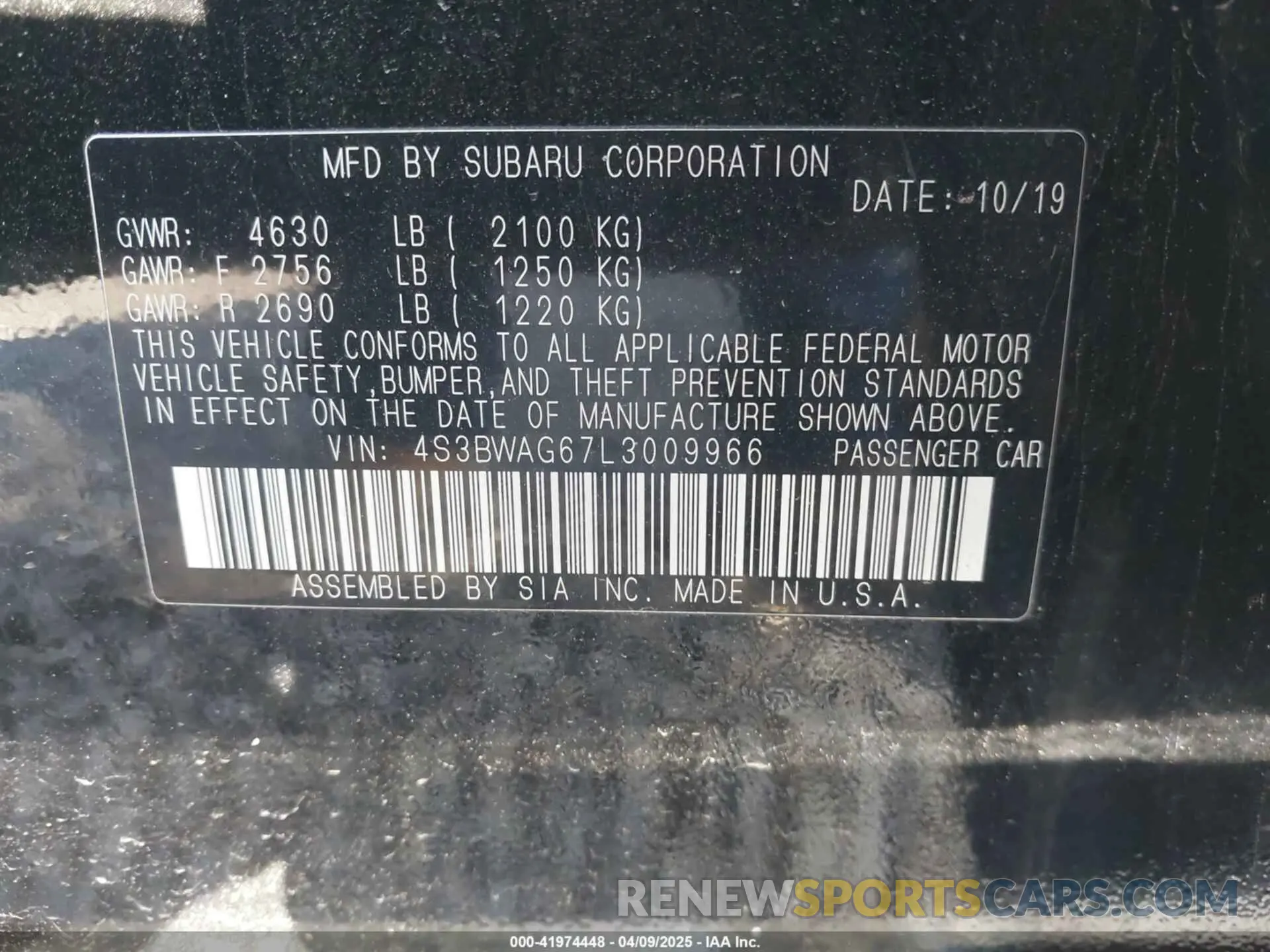 9 fotografías del automóvil dañado 4S3BWAG67L3009966 SUBARU LEGACY 2020
