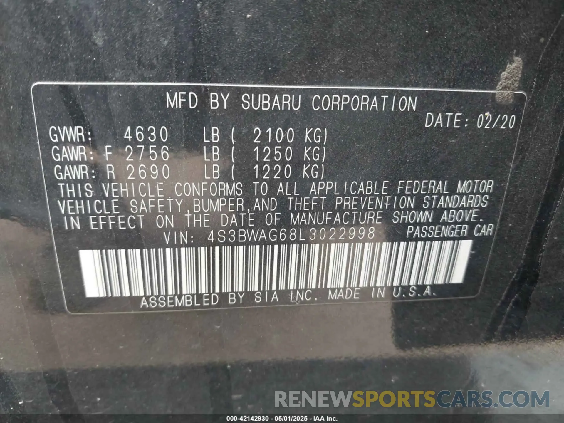9 fotografías del automóvil dañado 4S3BWAG68L3022998 SUBARU LEGACY 2020