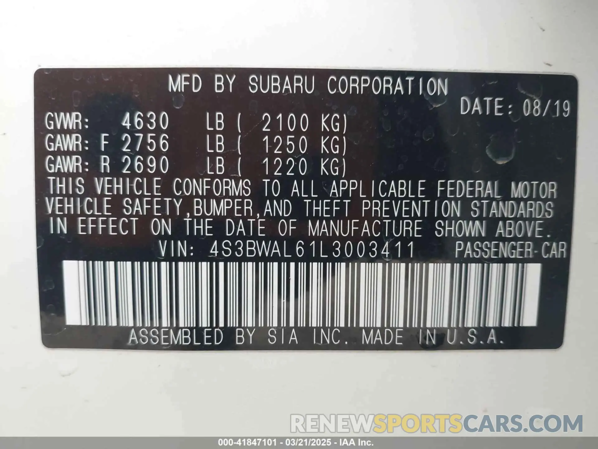 9 fotografías del automóvil dañado 4S3BWAL61L3003411 SUBARU LEGACY 2020