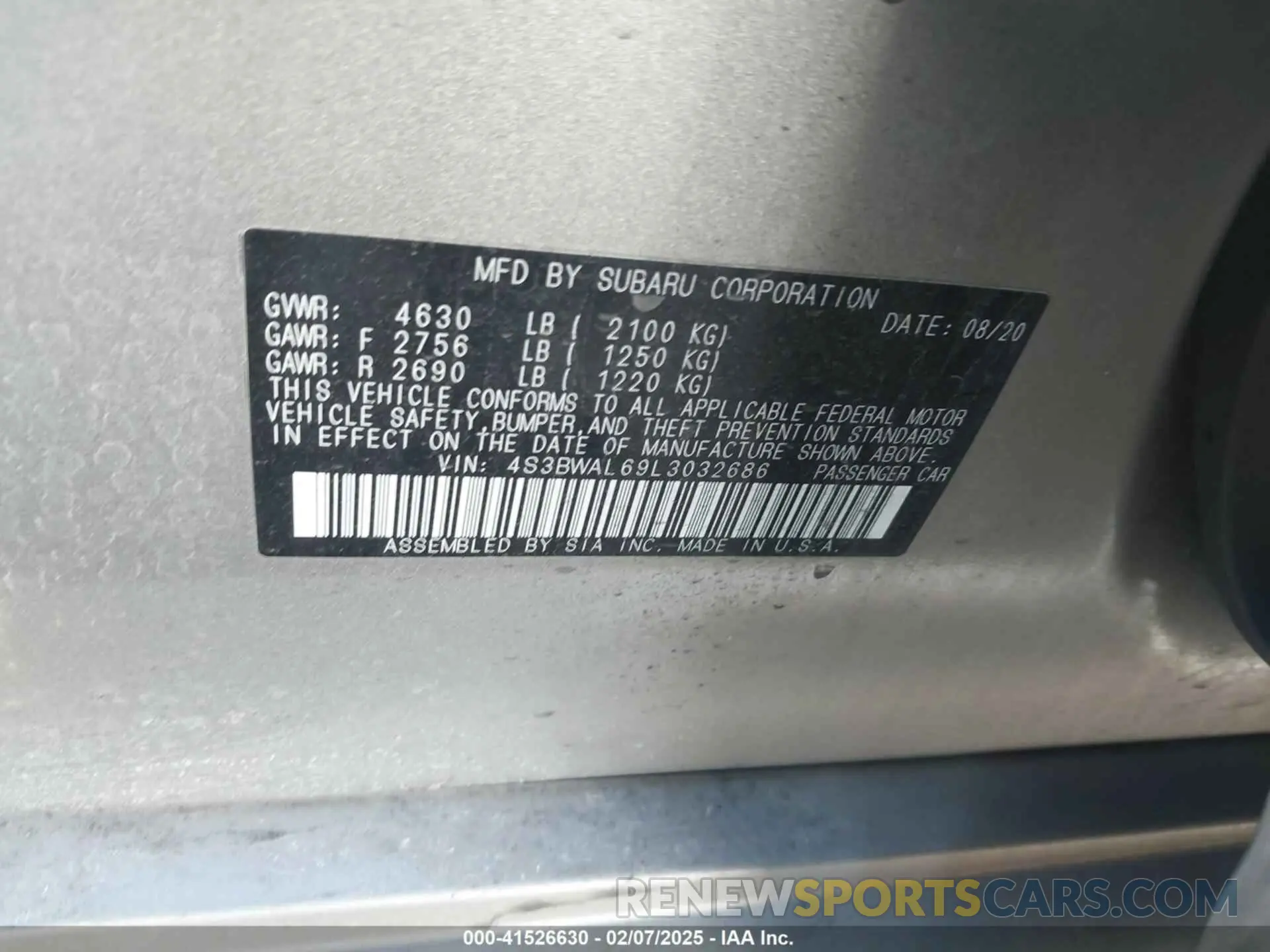 9 fotografías del automóvil dañado 4S3BWAL69L3032686 SUBARU LEGACY 2020