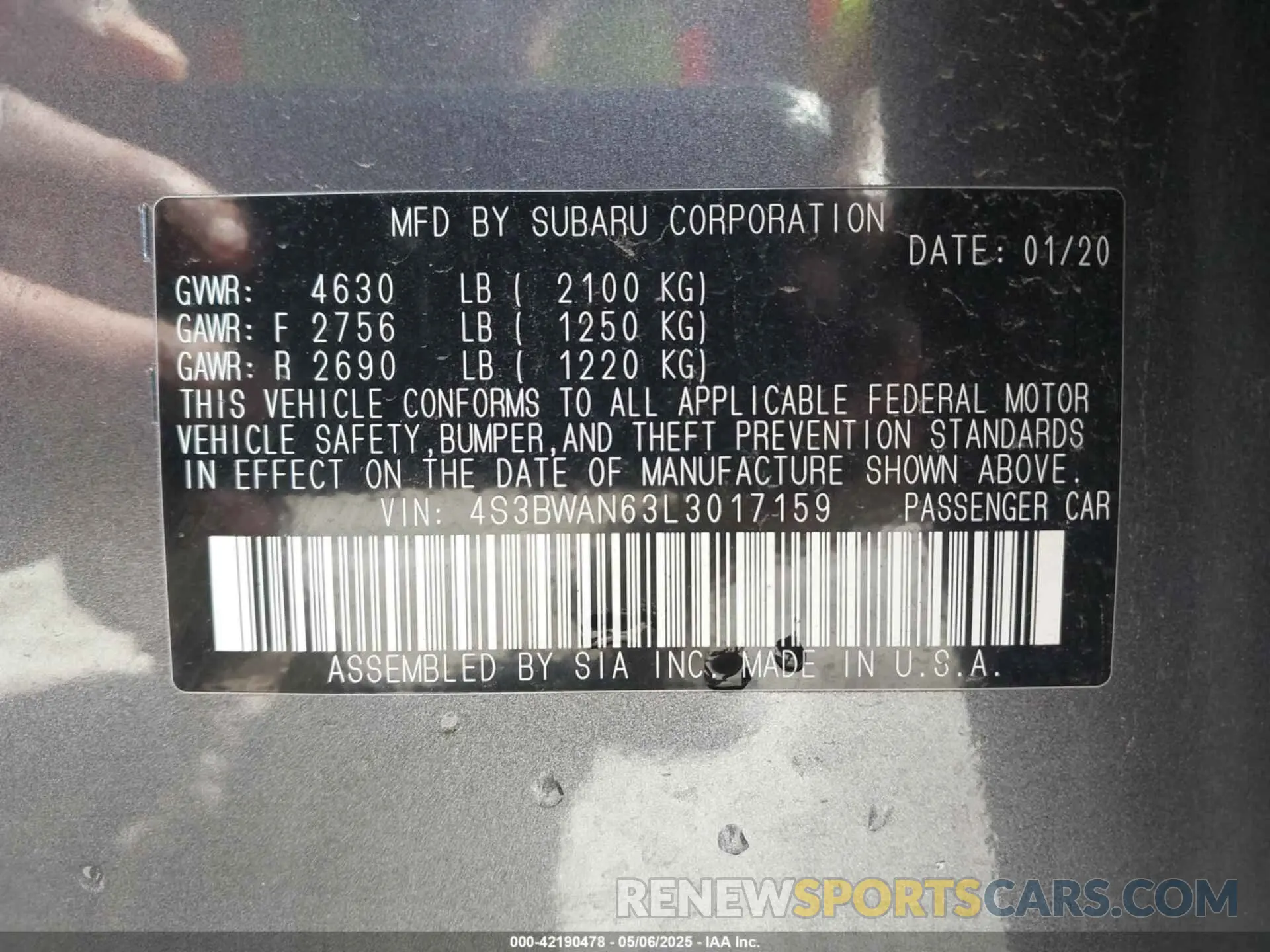 9 fotografías del automóvil dañado 4S3BWAN63L3017159 SUBARU LEGACY 2020