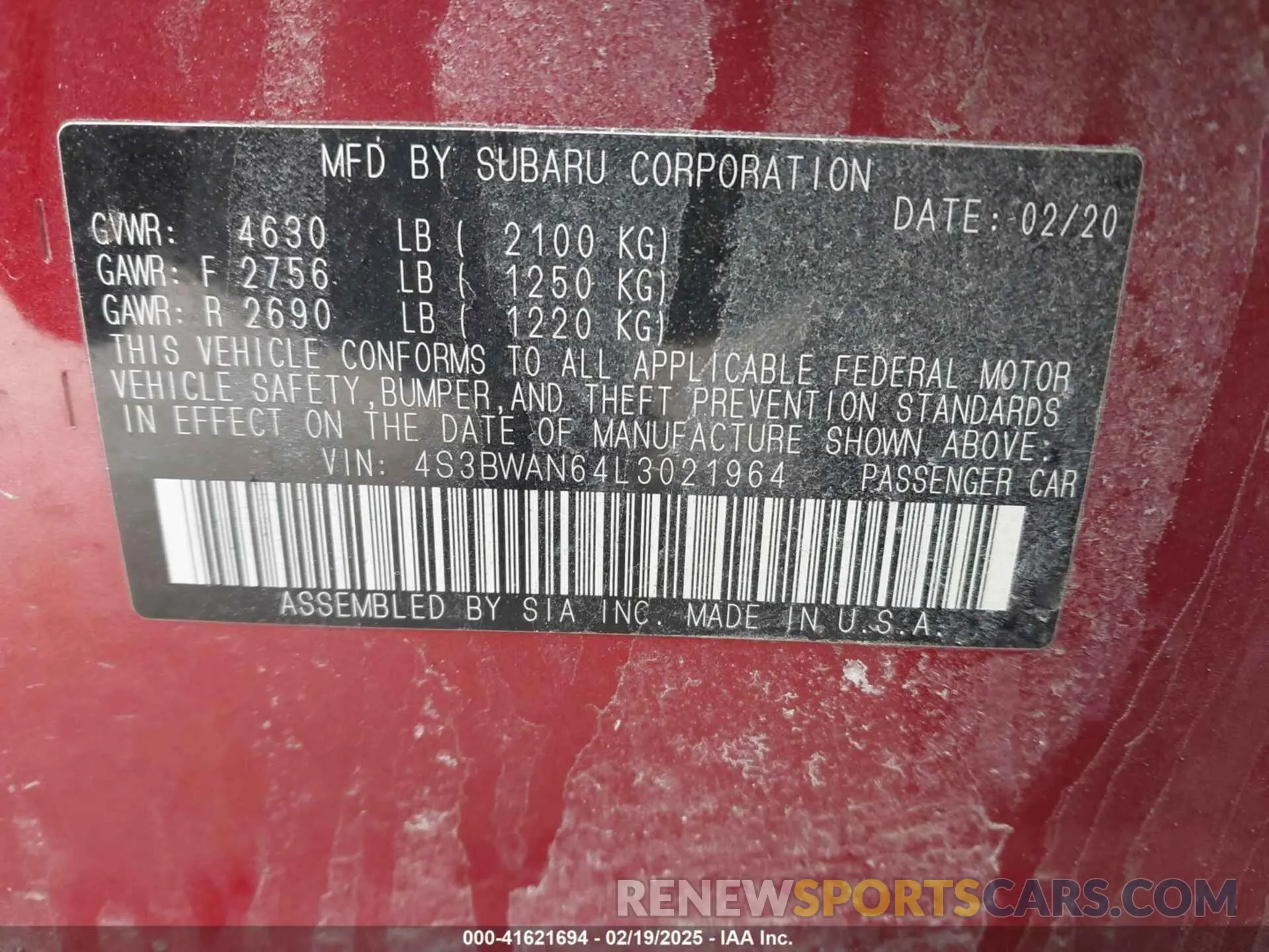 9 fotografías del automóvil dañado 4S3BWAN64L3021964 SUBARU LEGACY 2020