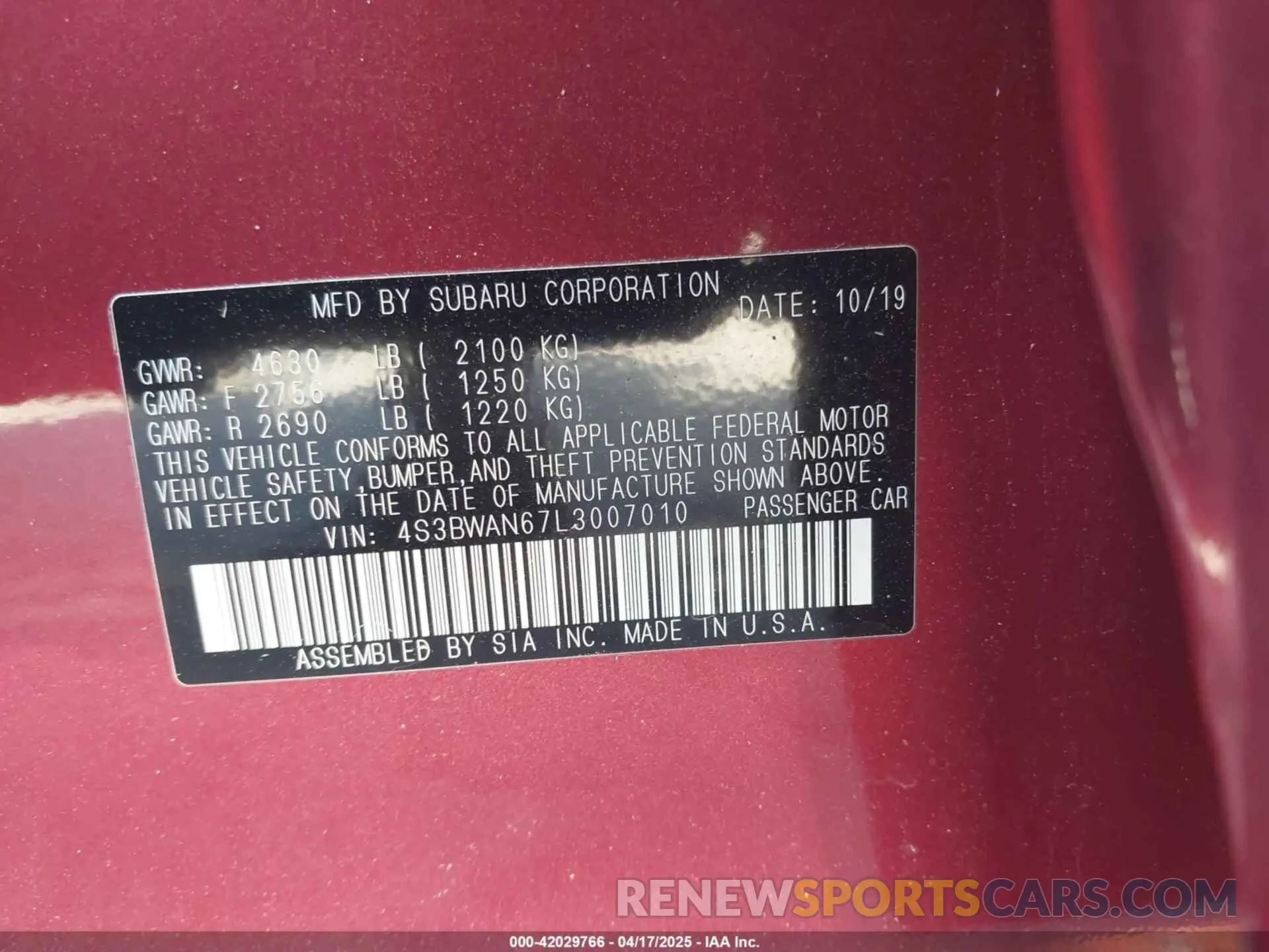 9 fotografías del automóvil dañado 4S3BWAN67L3007010 SUBARU LEGACY 2020