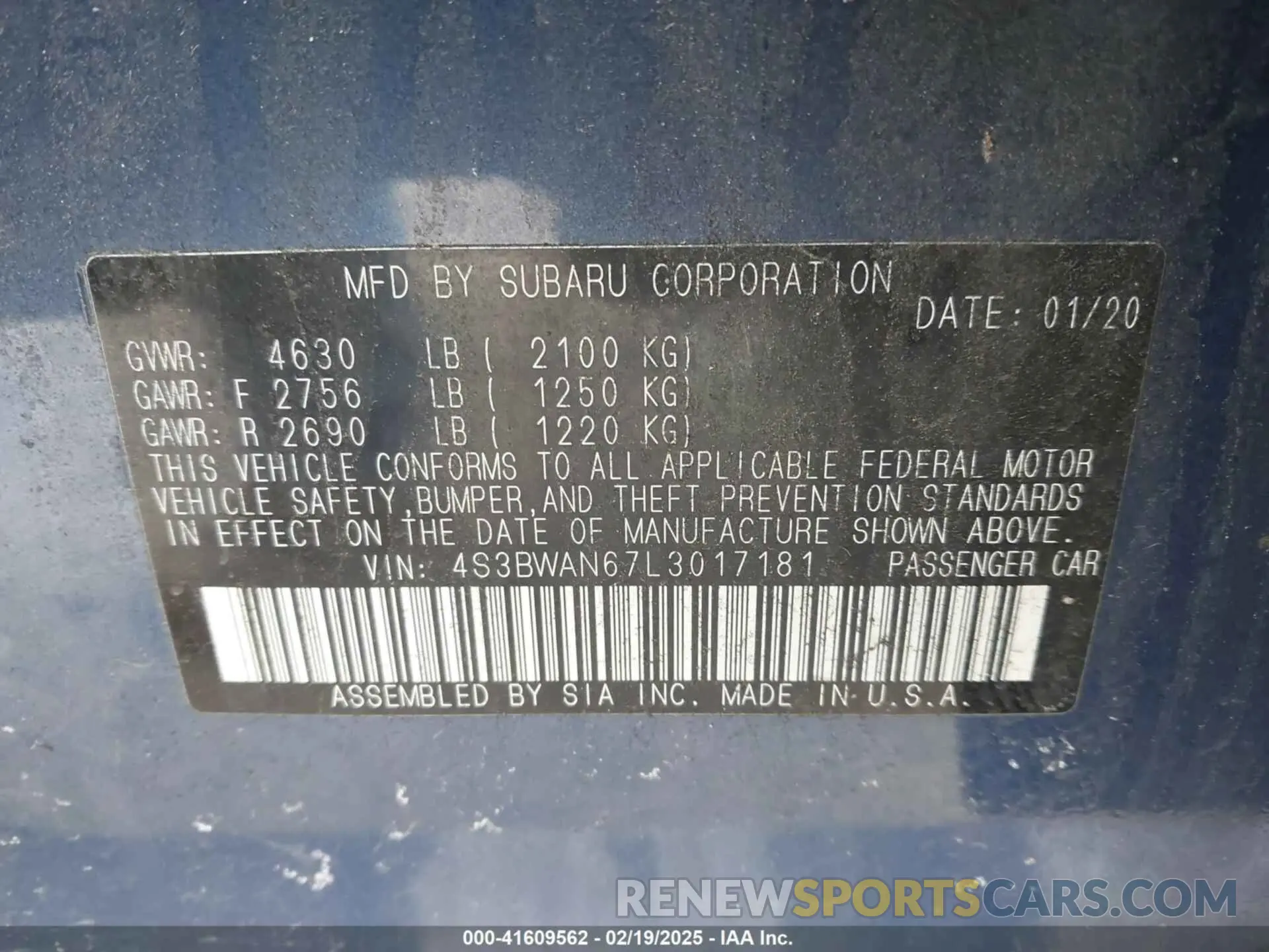 9 fotografías del automóvil dañado 4S3BWAN67L3017181 SUBARU LEGACY 2020