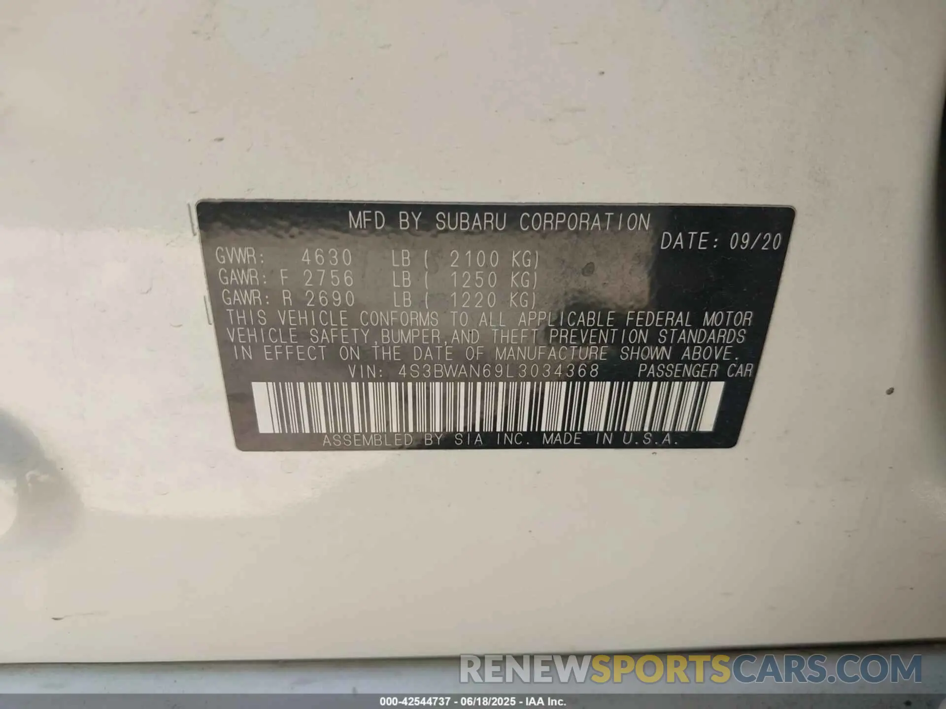 9 fotografías del automóvil dañado 4S3BWAN69L3034368 SUBARU LEGACY 2020