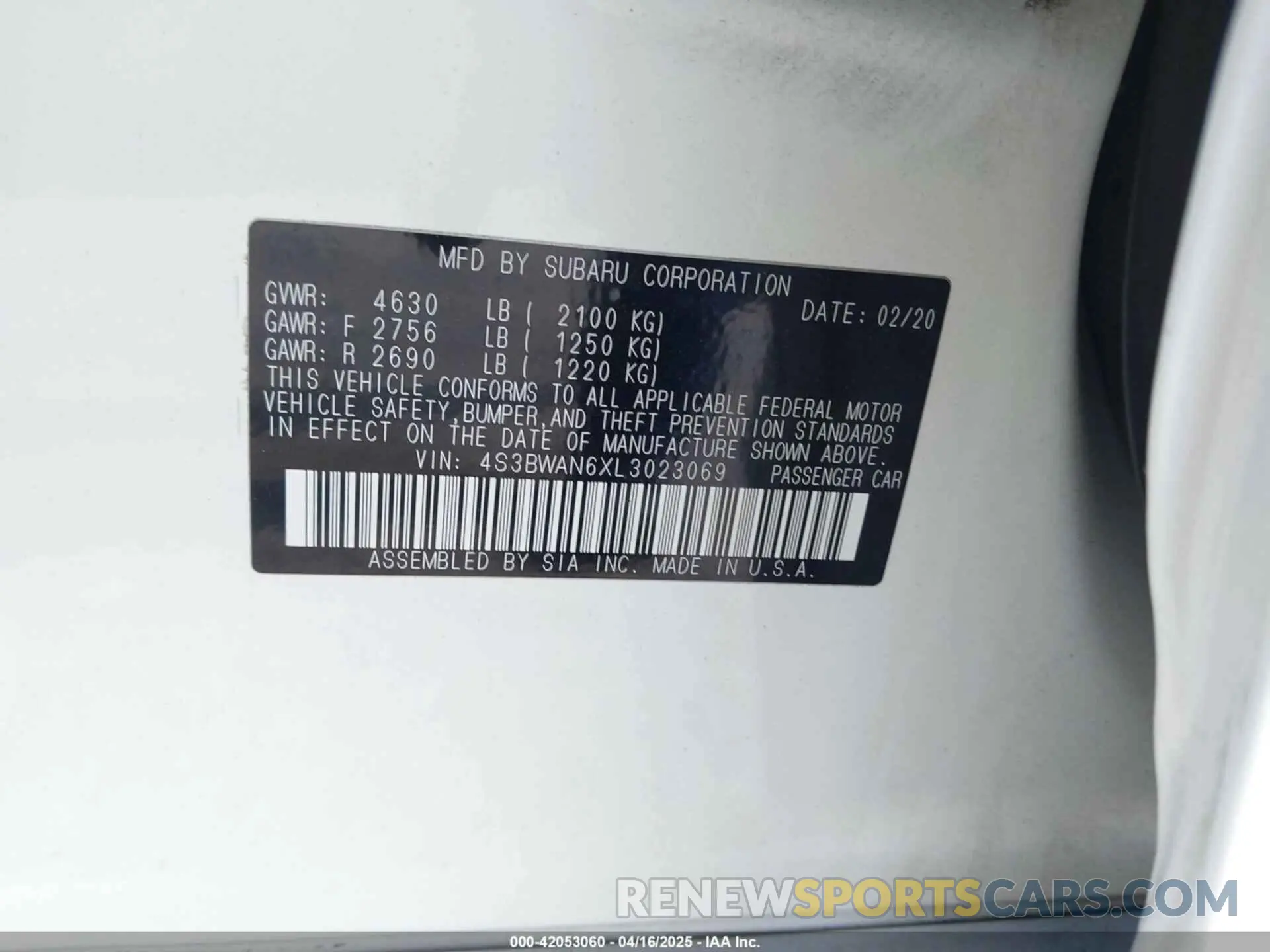 9 fotografías del automóvil dañado 4S3BWAN6XL3023069 SUBARU LEGACY 2020