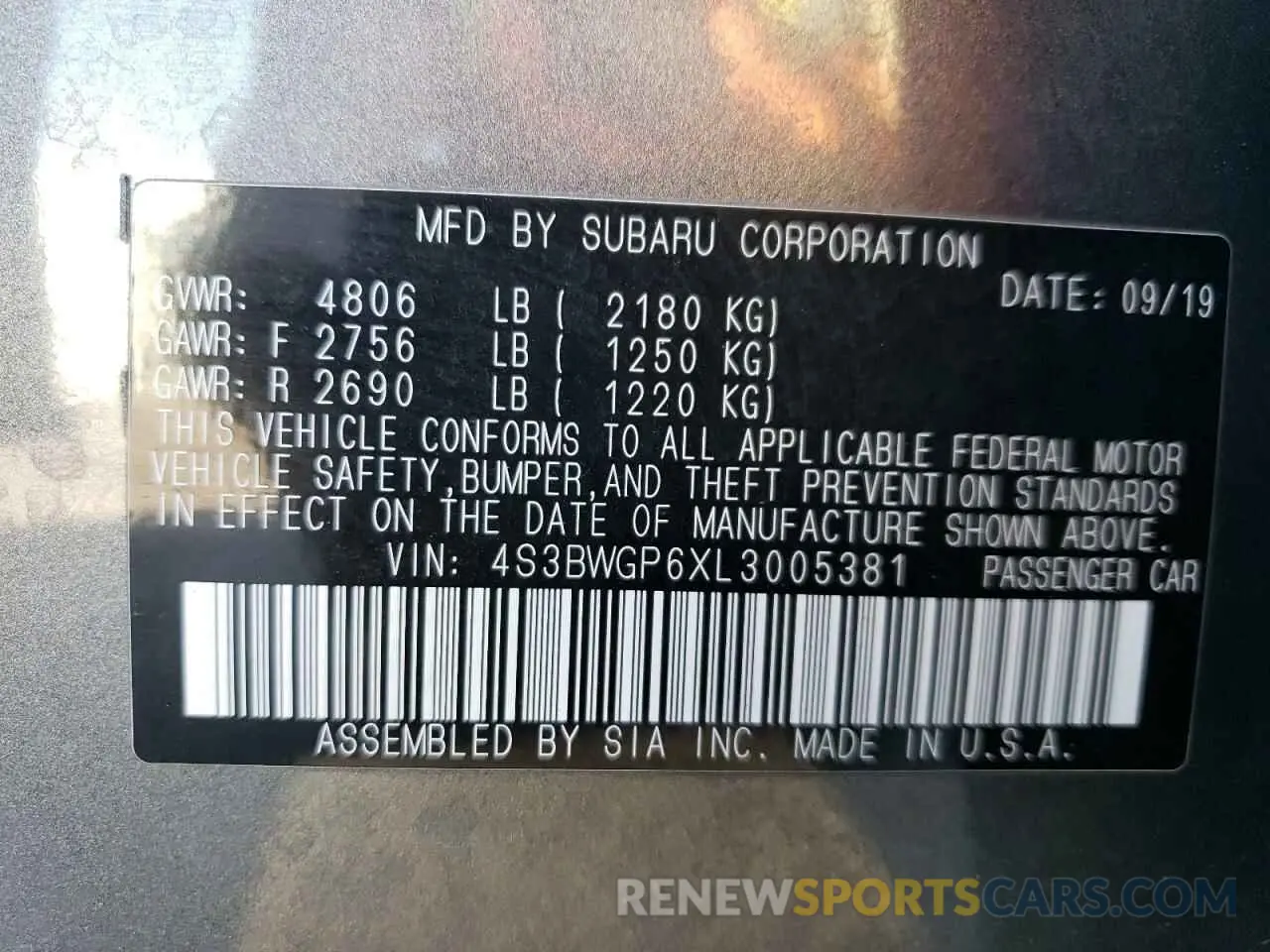 12 fotografías del automóvil dañado 4S3BWGP6XL3005381 SUBARU LEGACY 2020