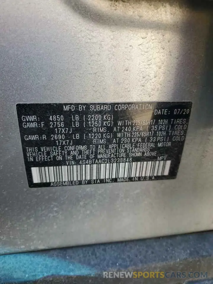 14 fotografías del automóvil dañado 4S4BTAAC2L3238848 SUBARU LEGACY 2020