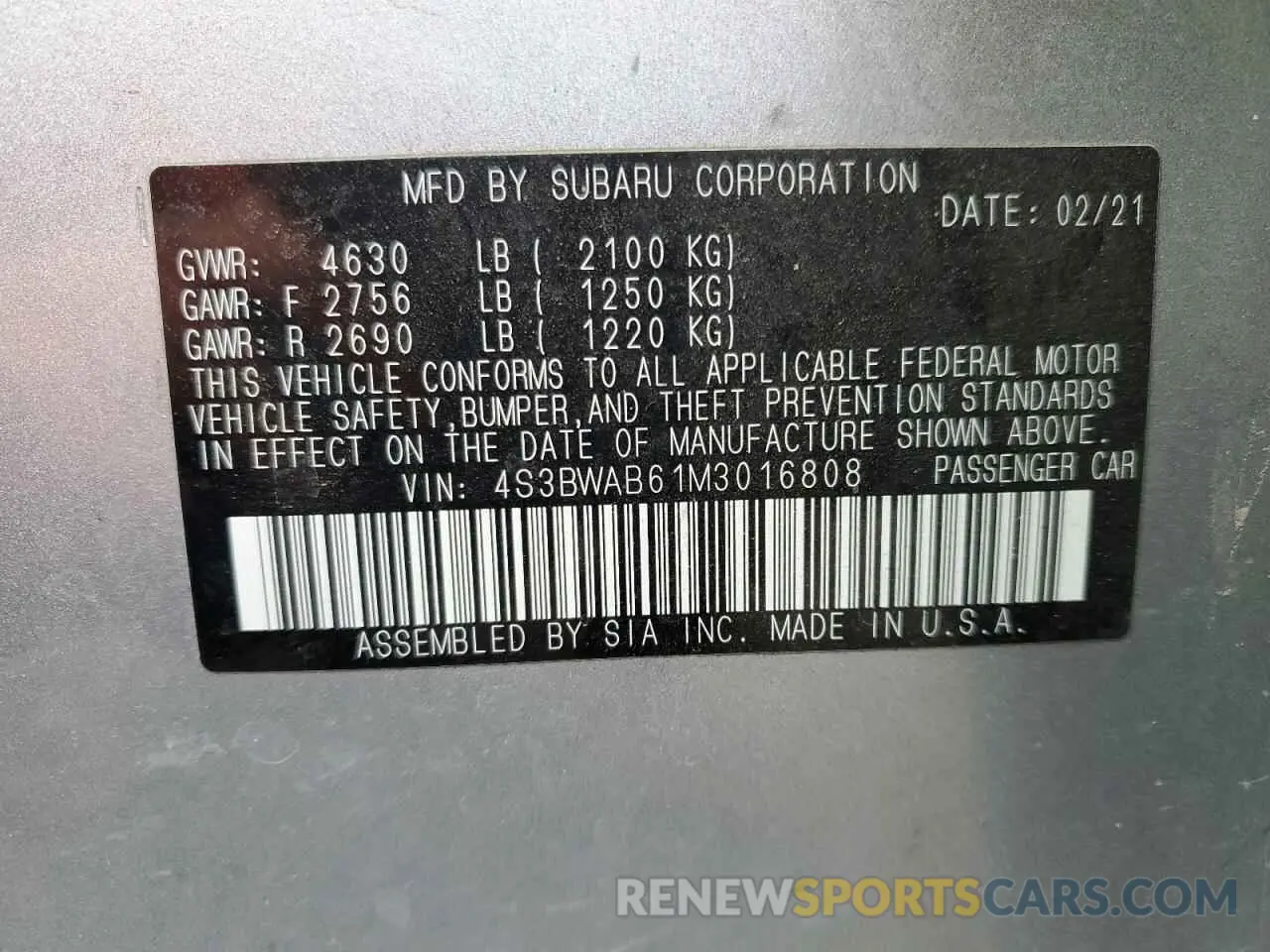 12 fotografías del automóvil dañado 4S3BWAB61M3016808 SUBARU LEGACY 2021
