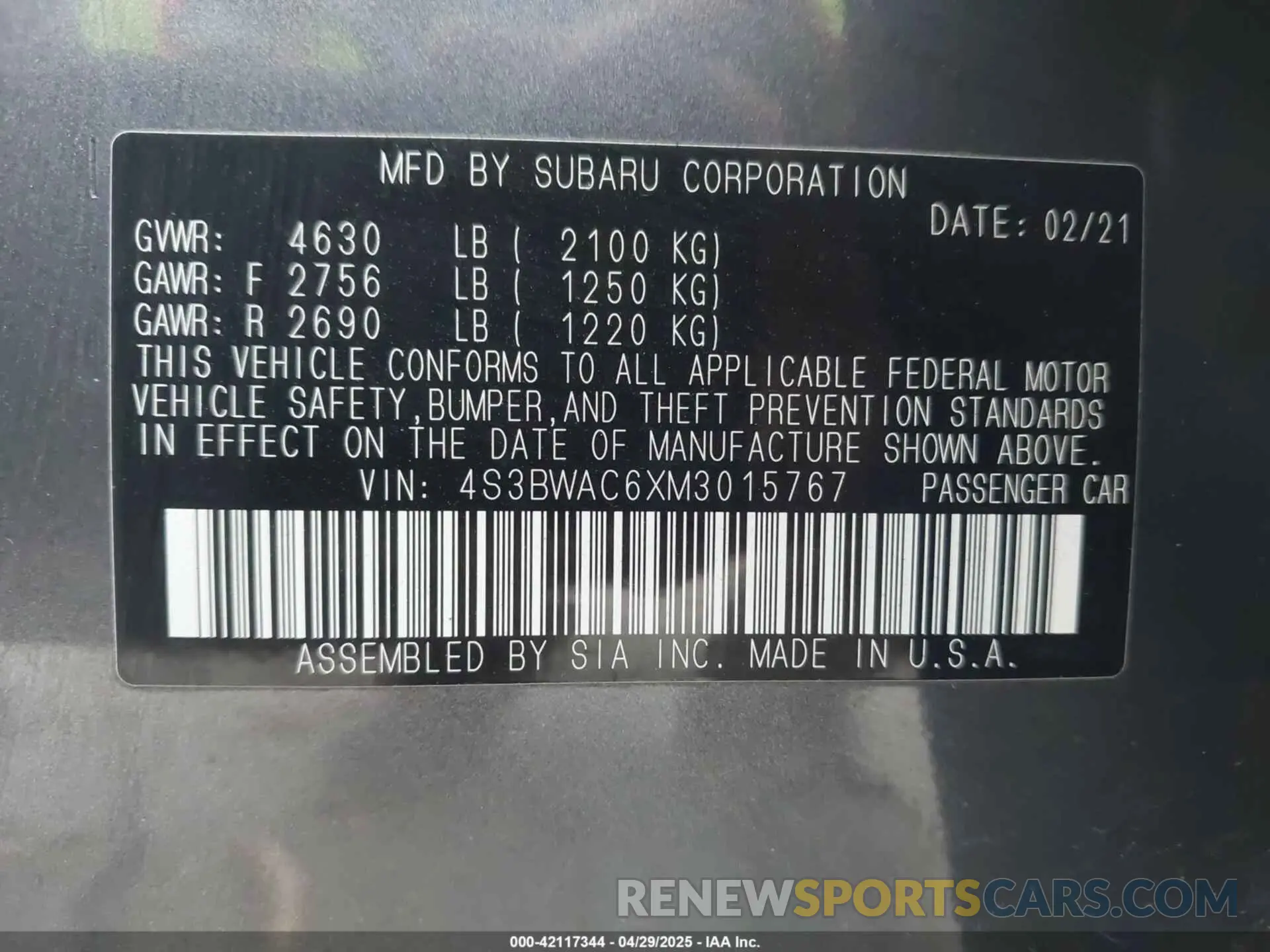 9 fotografías del automóvil dañado 4S3BWAC6XM3015767 SUBARU LEGACY 2021
