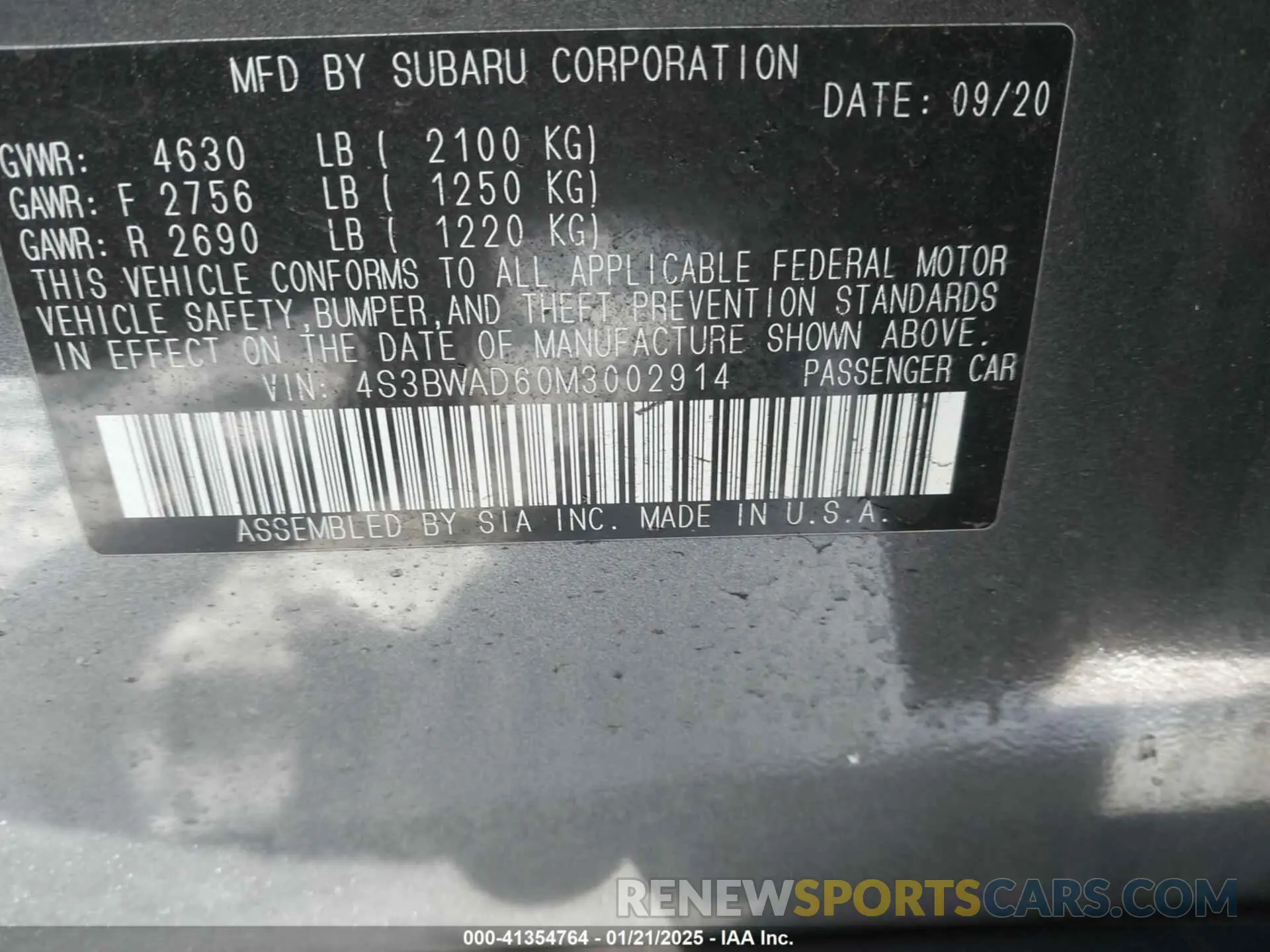 9 fotografías del automóvil dañado 4S3BWAD60M3002914 SUBARU LEGACY 2021