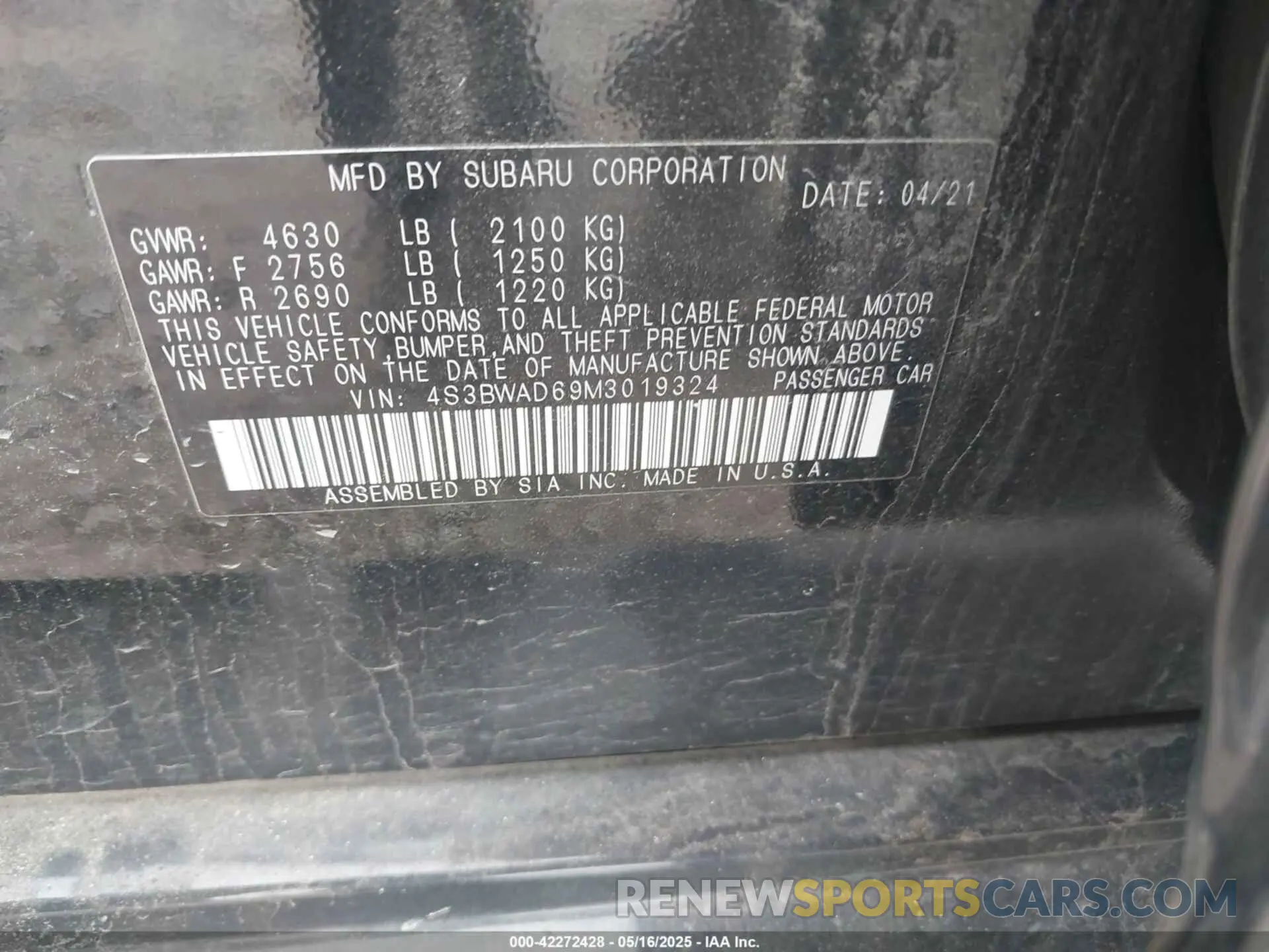9 fotografías del automóvil dañado 4S3BWAD69M3019324 SUBARU LEGACY 2021