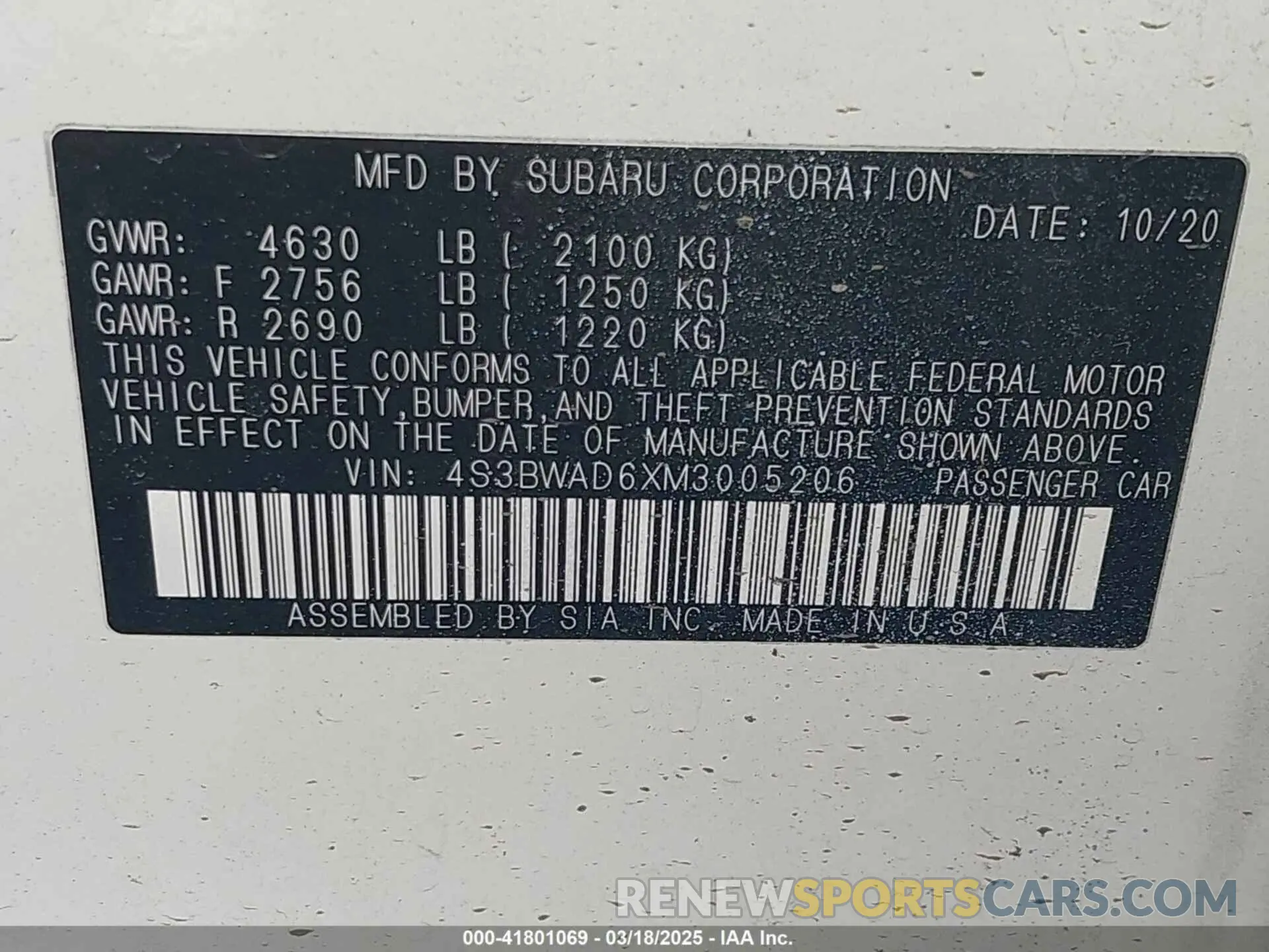 9 fotografías del automóvil dañado 4S3BWAD6XM3005206 SUBARU LEGACY 2021