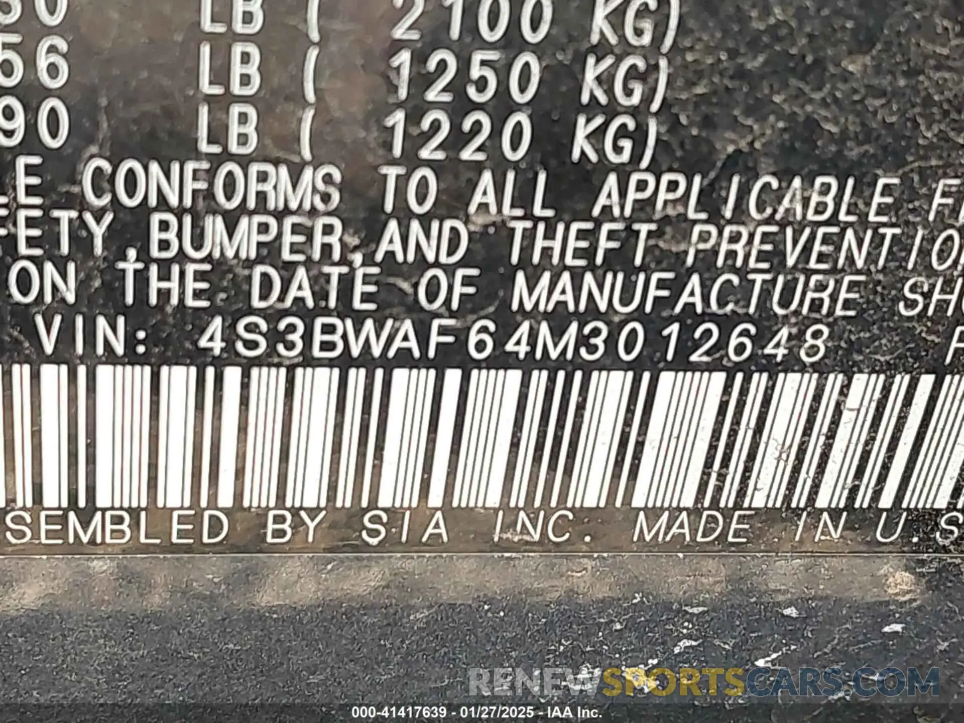 9 fotografías del automóvil dañado 4S3BWAF64M3012648 SUBARU LEGACY 2021