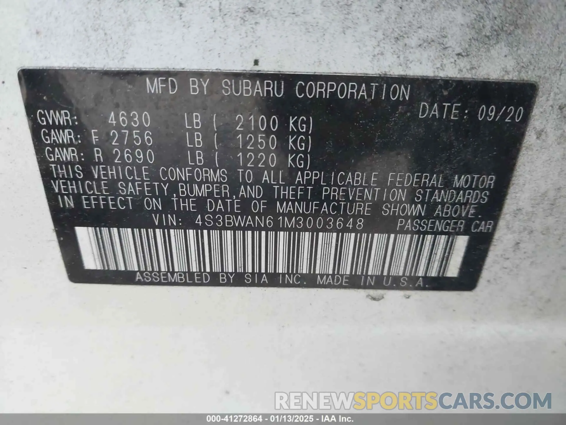 9 fotografías del automóvil dañado 4S3BWAN61M3003648 SUBARU LEGACY 2021