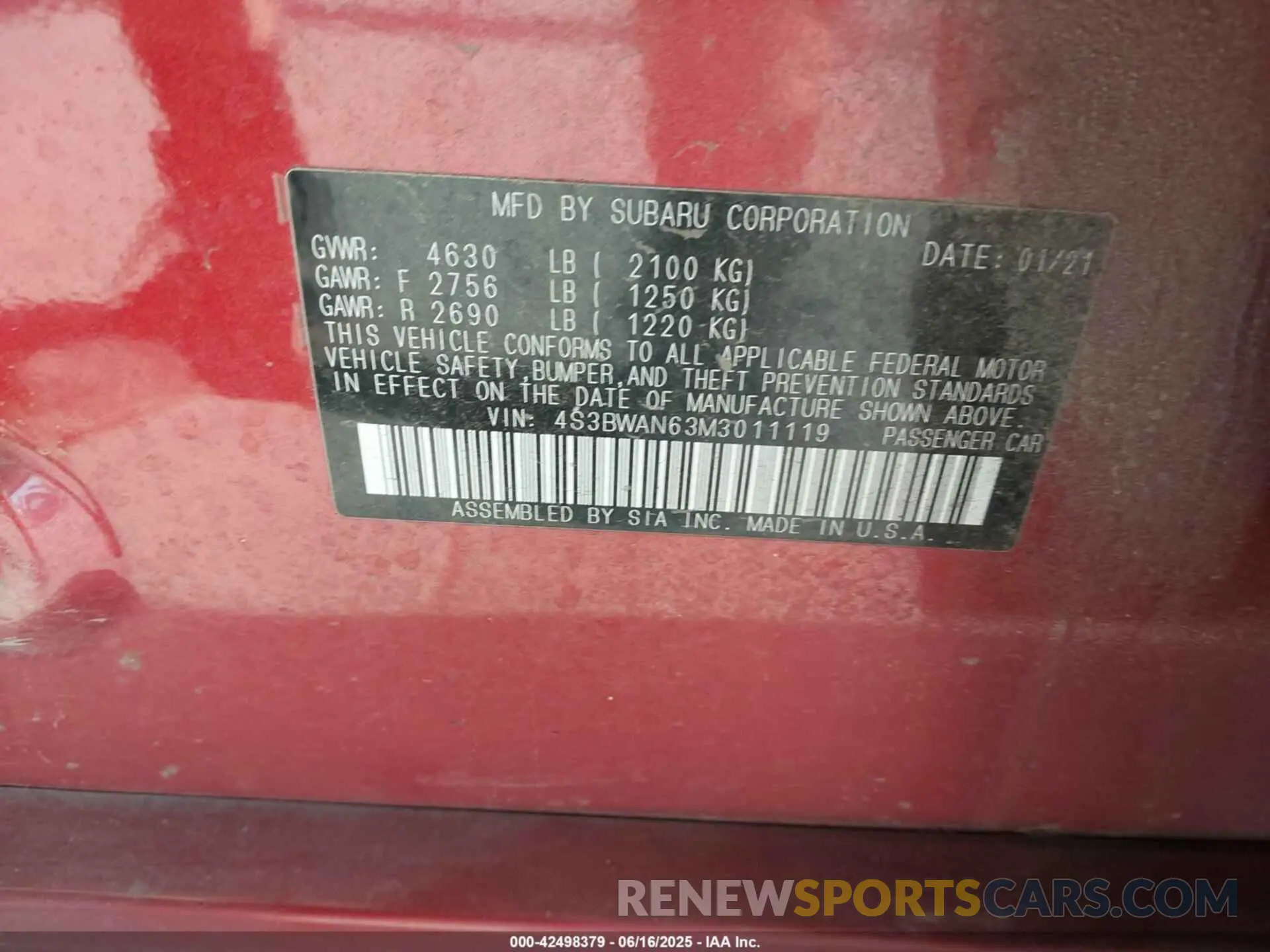 9 fotografías del automóvil dañado 4S3BWAN63M3011119 SUBARU LEGACY 2021