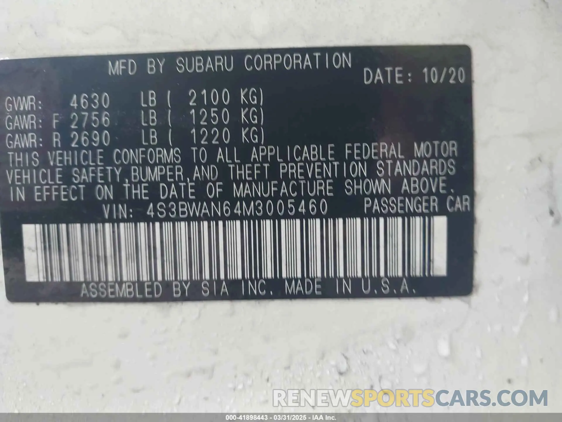 9 fotografías del automóvil dañado 4S3BWAN64M3005460 SUBARU LEGACY 2021