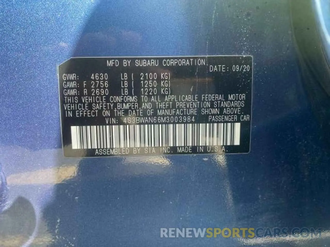 10 fotografías del automóvil dañado 4S3BWAN66M3003984 SUBARU LEGACY 2021