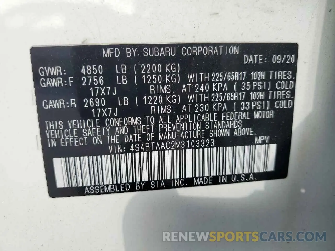 13 fotografías del automóvil dañado 4S4BTAAC2M3103323 SUBARU LEGACY 2021