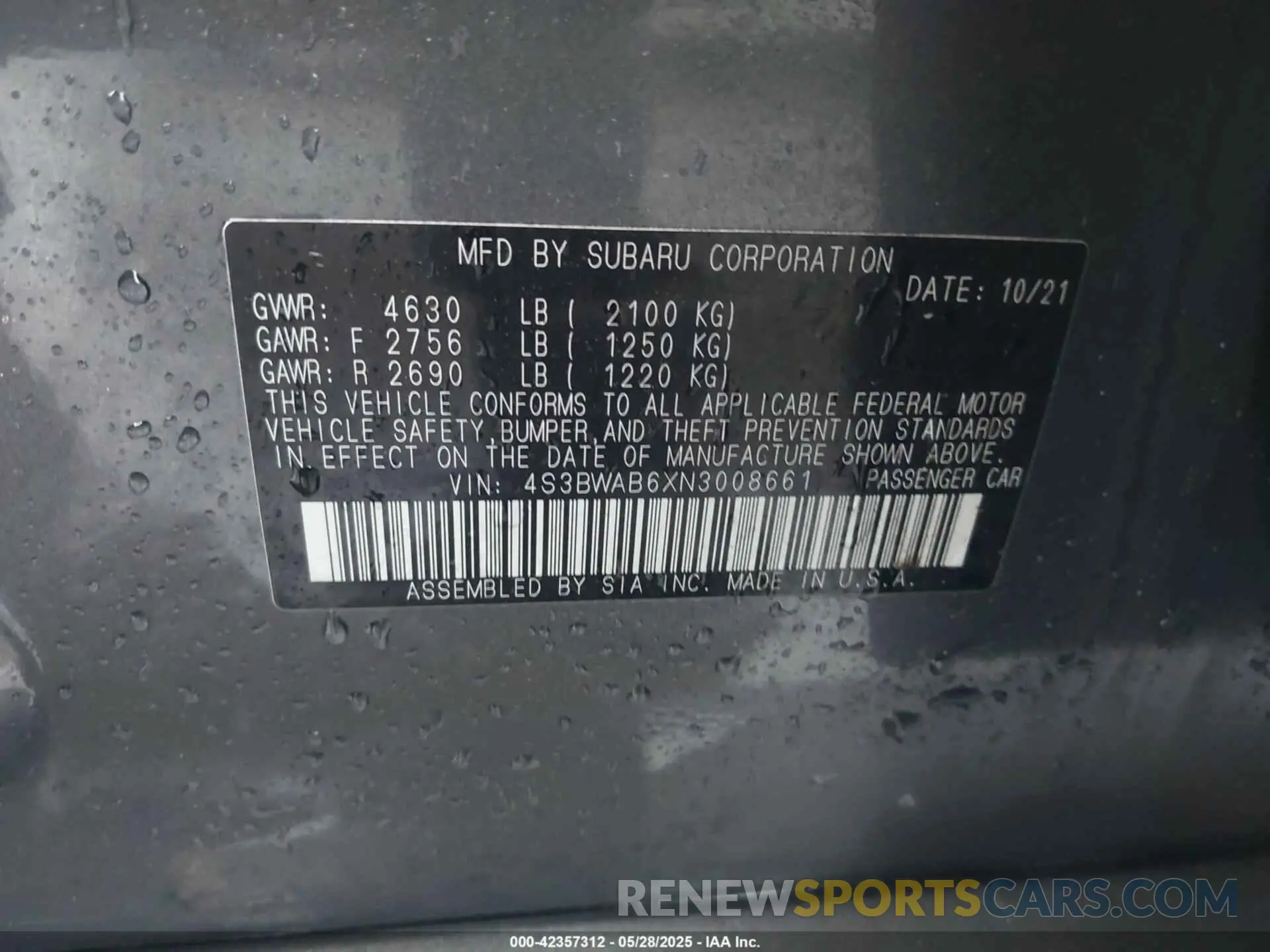 9 fotografías del automóvil dañado 4S3BWAB6XN3008661 SUBARU LEGACY 2022