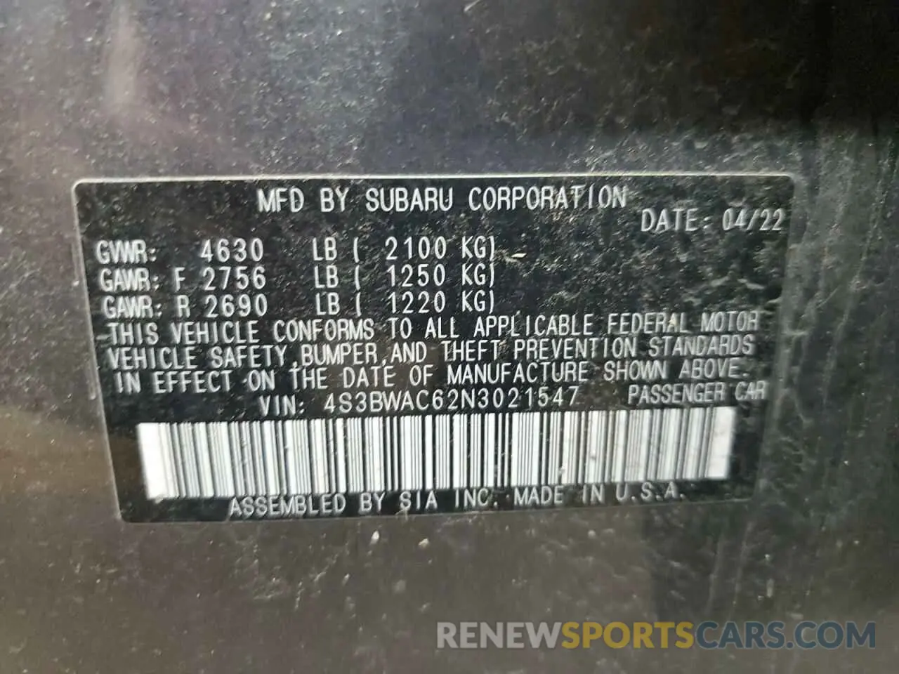 12 fotografías del automóvil dañado 4S3BWAC62N3021547 SUBARU LEGACY 2022