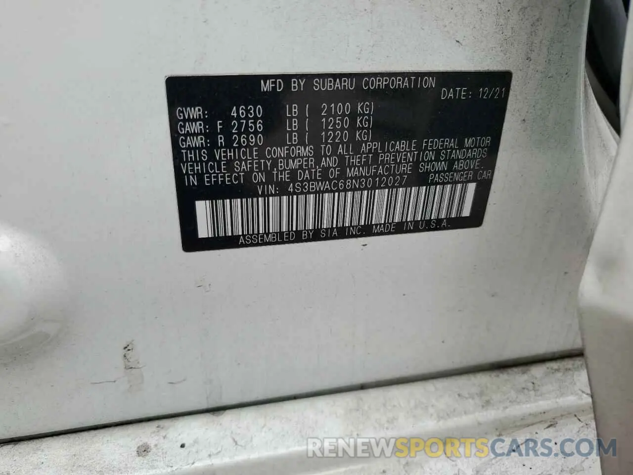 14 fotografías del automóvil dañado 4S3BWAC68N3012027 SUBARU LEGACY 2022