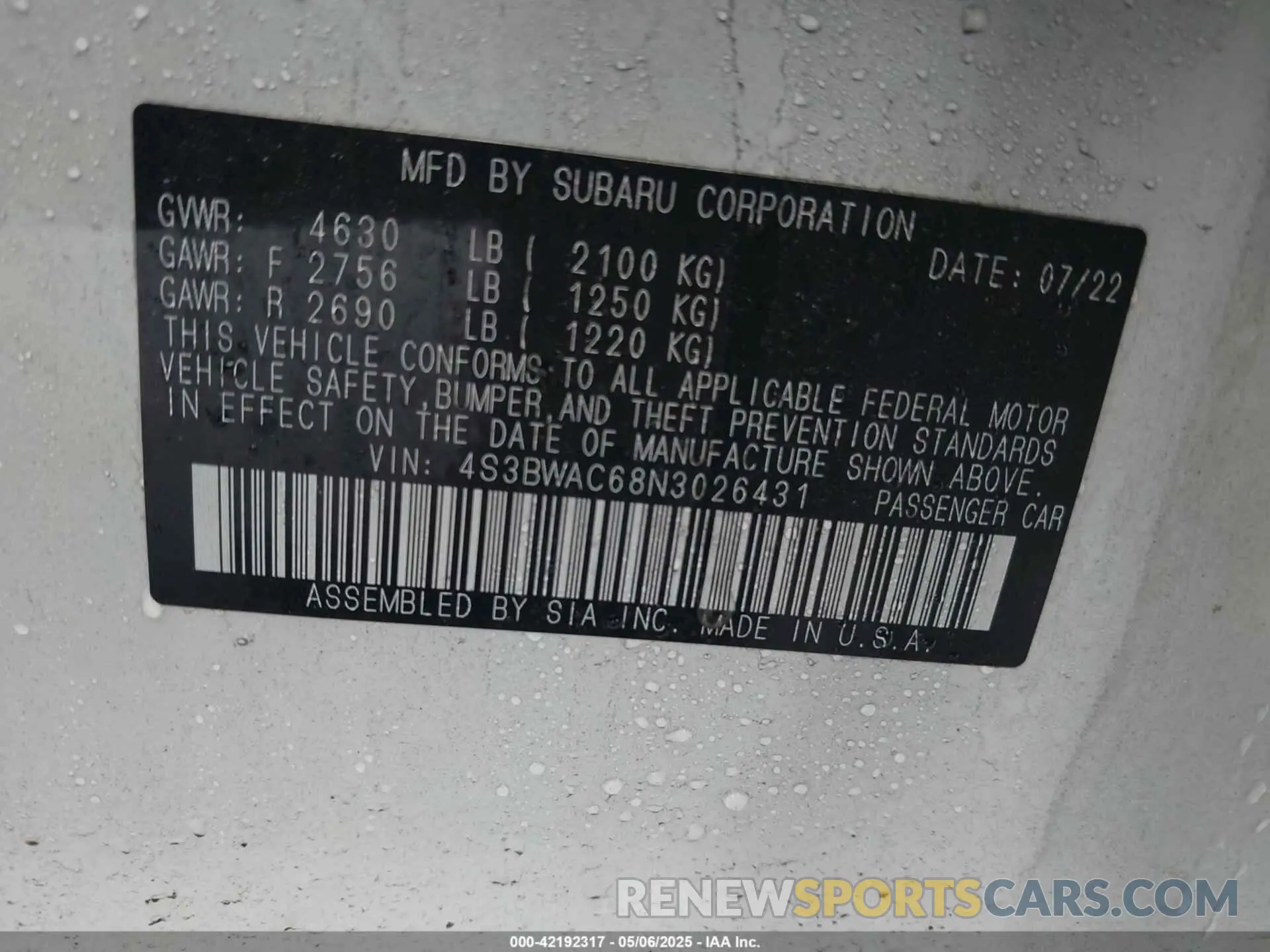 9 fotografías del automóvil dañado 4S3BWAC68N3026431 SUBARU LEGACY 2022