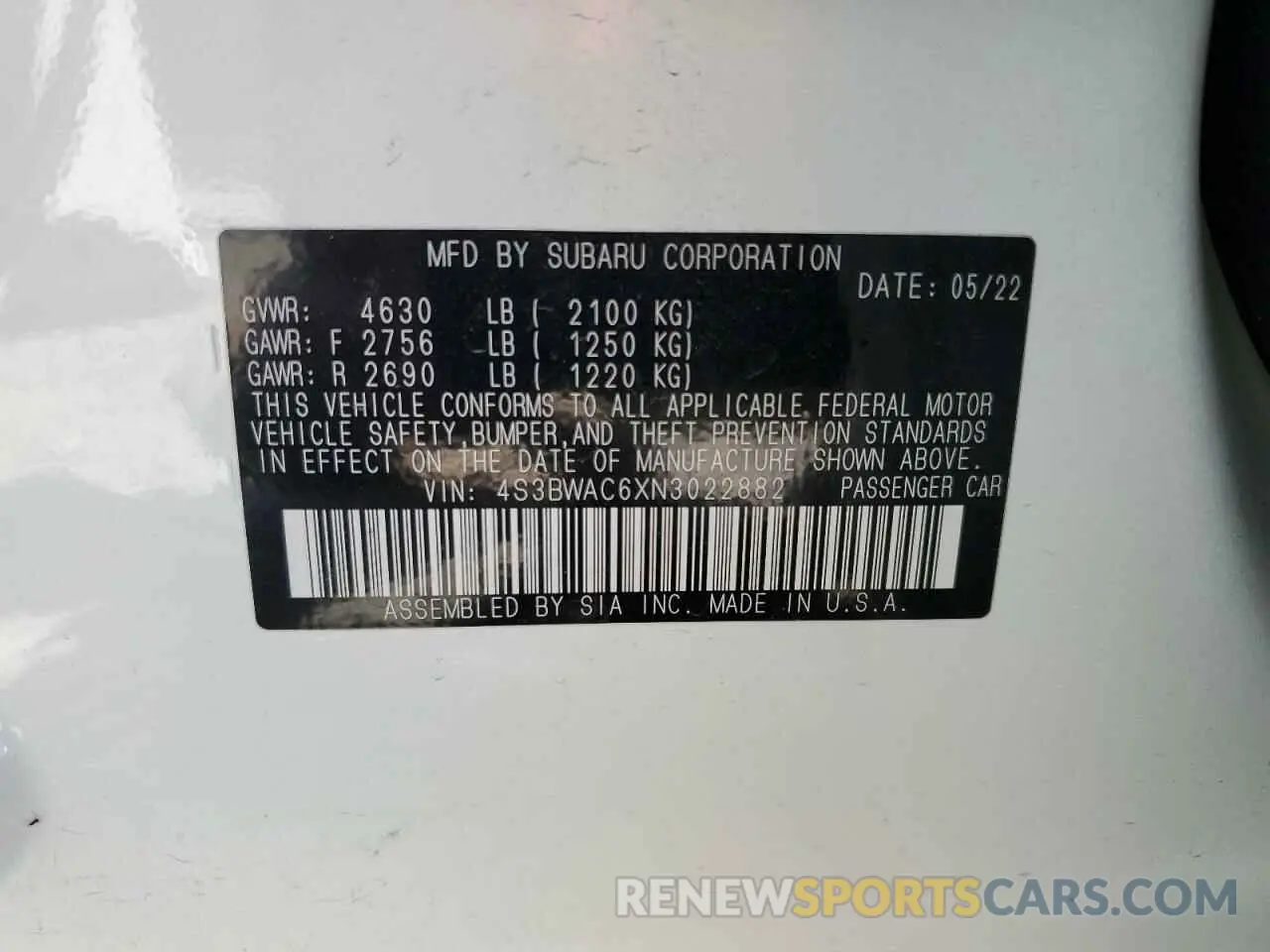 12 fotografías del automóvil dañado 4S3BWAC6XN3022882 SUBARU LEGACY 2022
