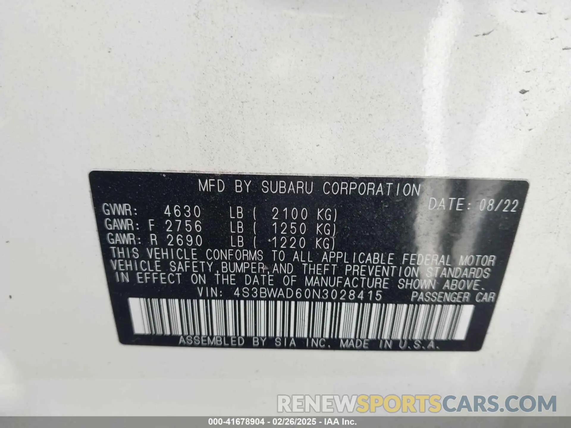 9 fotografías del automóvil dañado 4S3BWAD60N3028415 SUBARU LEGACY 2022