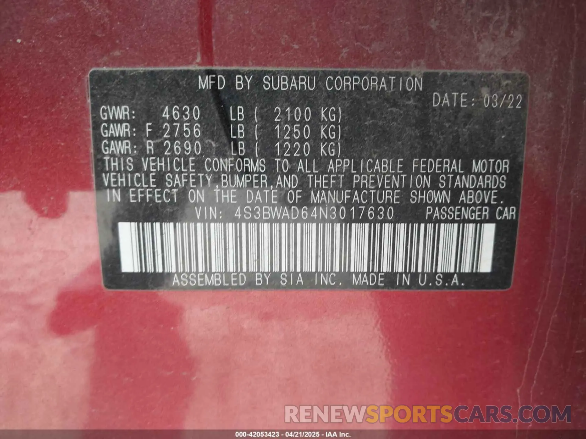 9 fotografías del automóvil dañado 4S3BWAD64N3017630 SUBARU LEGACY 2022
