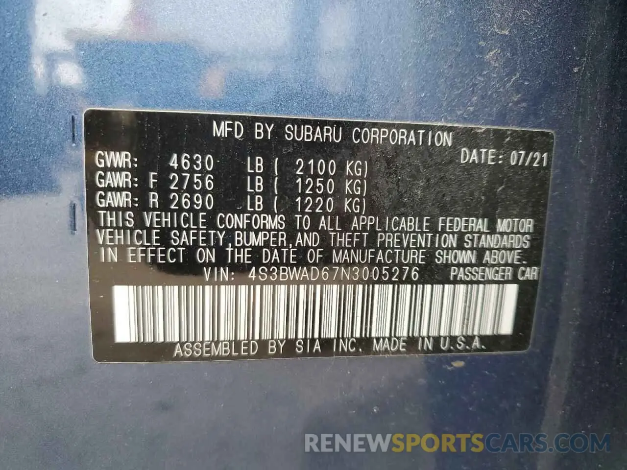 12 fotografías del automóvil dañado 4S3BWAD67N3005276 SUBARU LEGACY 2022