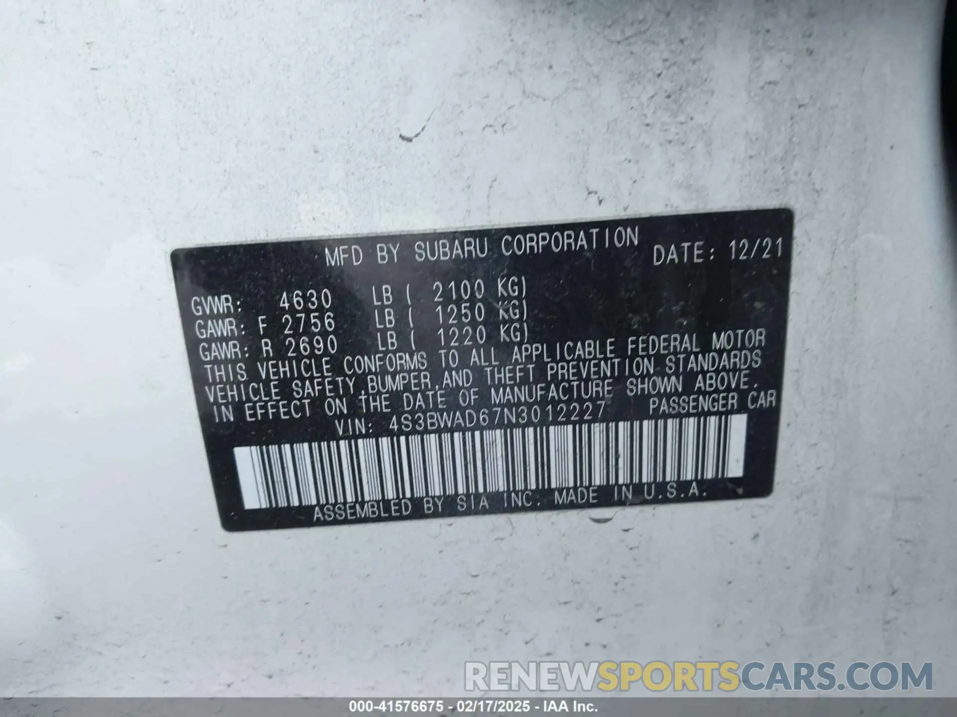 9 fotografías del automóvil dañado 4S3BWAD67N3012227 SUBARU LEGACY 2022