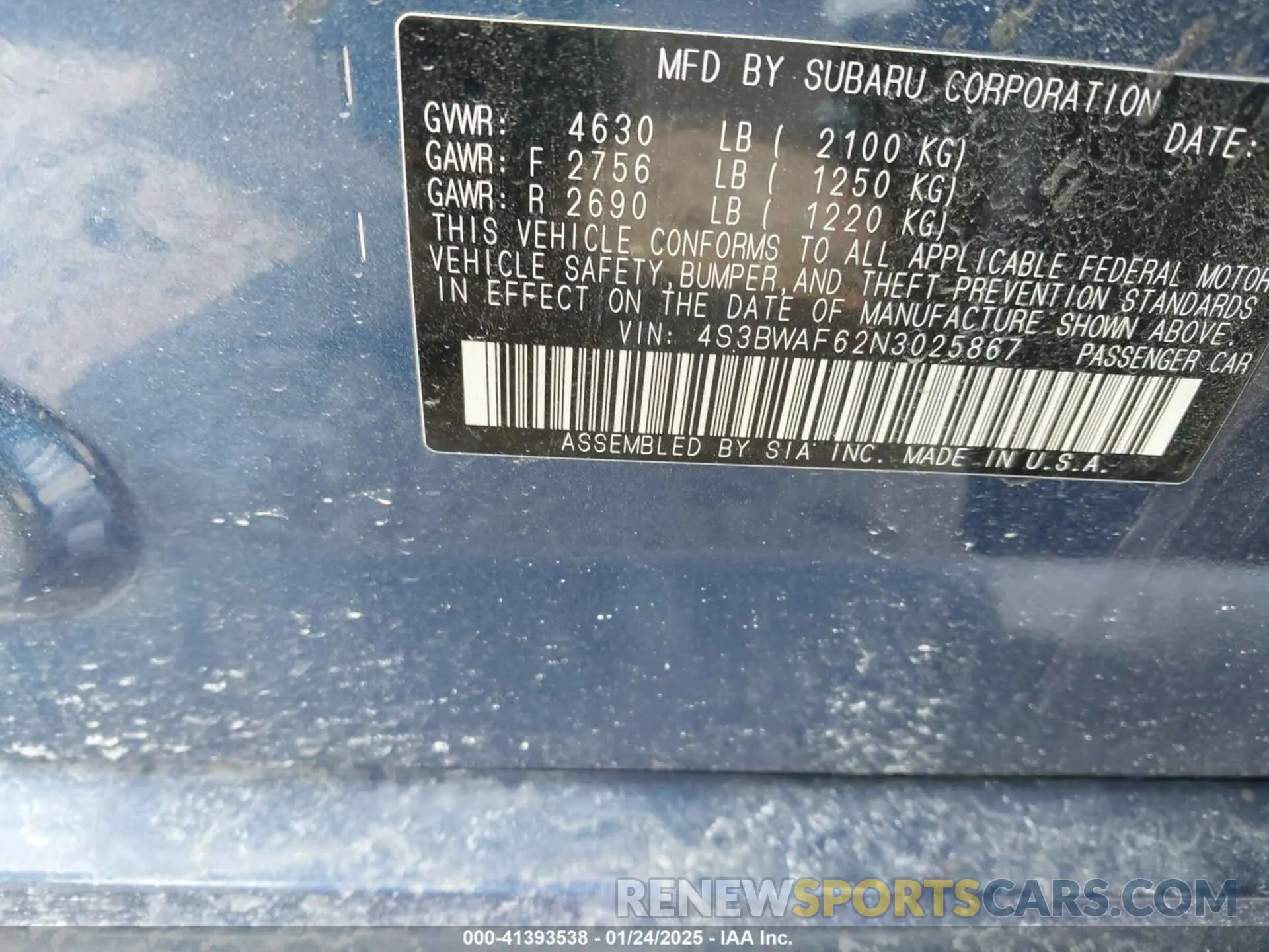 9 fotografías del automóvil dañado 4S3BWAF62N3025867 SUBARU LEGACY 2022