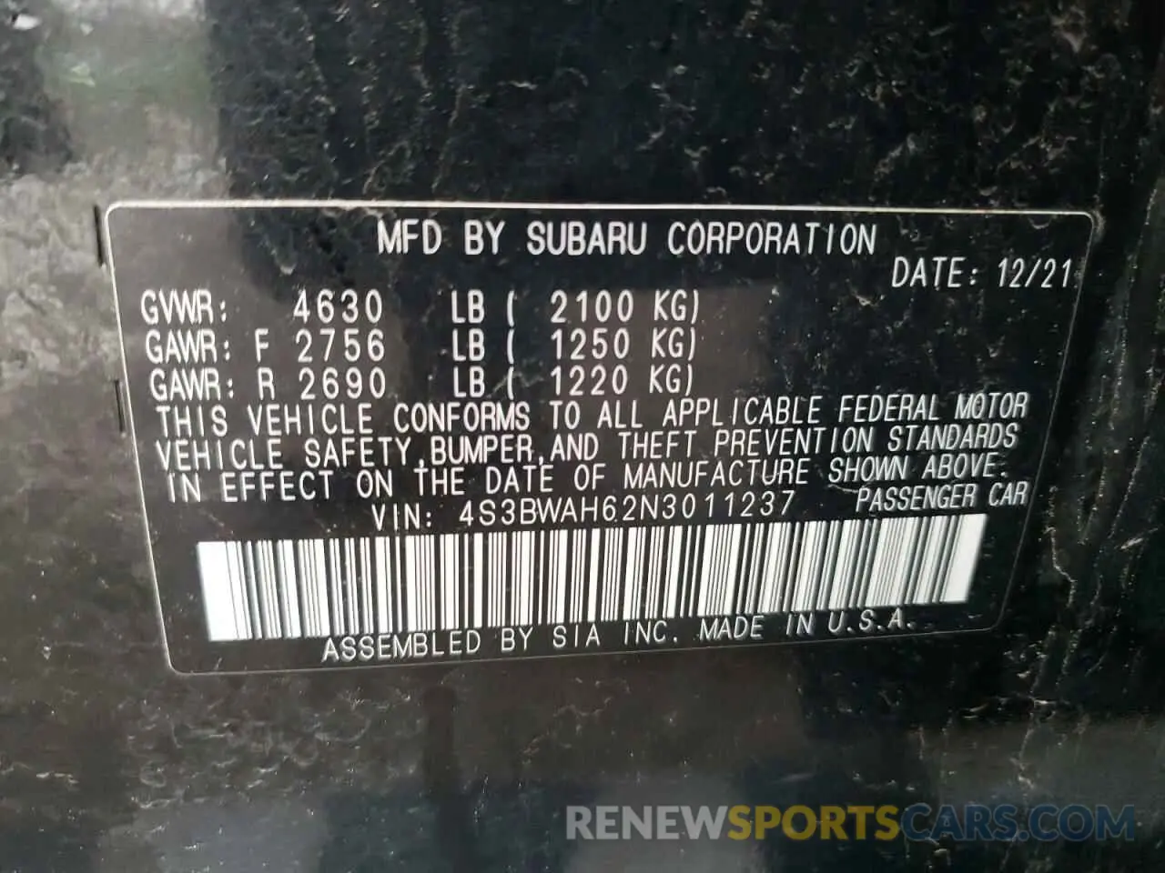 12 fotografías del automóvil dañado 4S3BWAH62N3011237 SUBARU LEGACY 2022