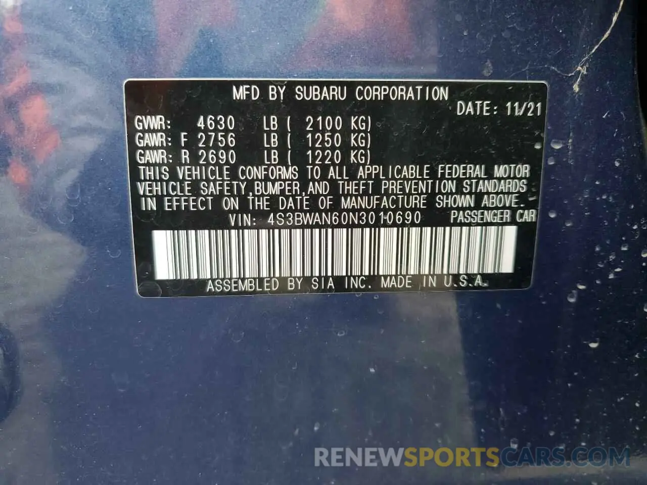 12 fotografías del automóvil dañado 4S3BWAN60N3010690 SUBARU LEGACY 2022