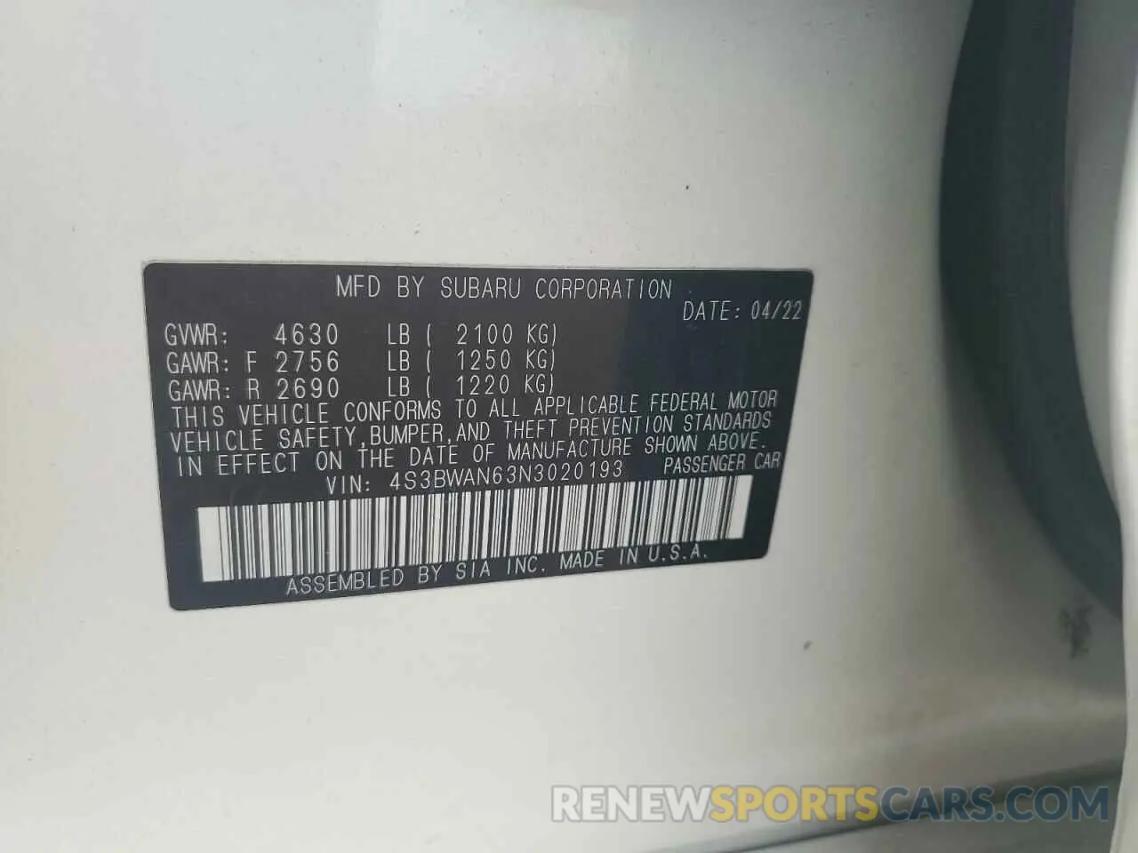 12 fotografías del automóvil dañado 4S3BWAN63N3020193 SUBARU LEGACY 2022