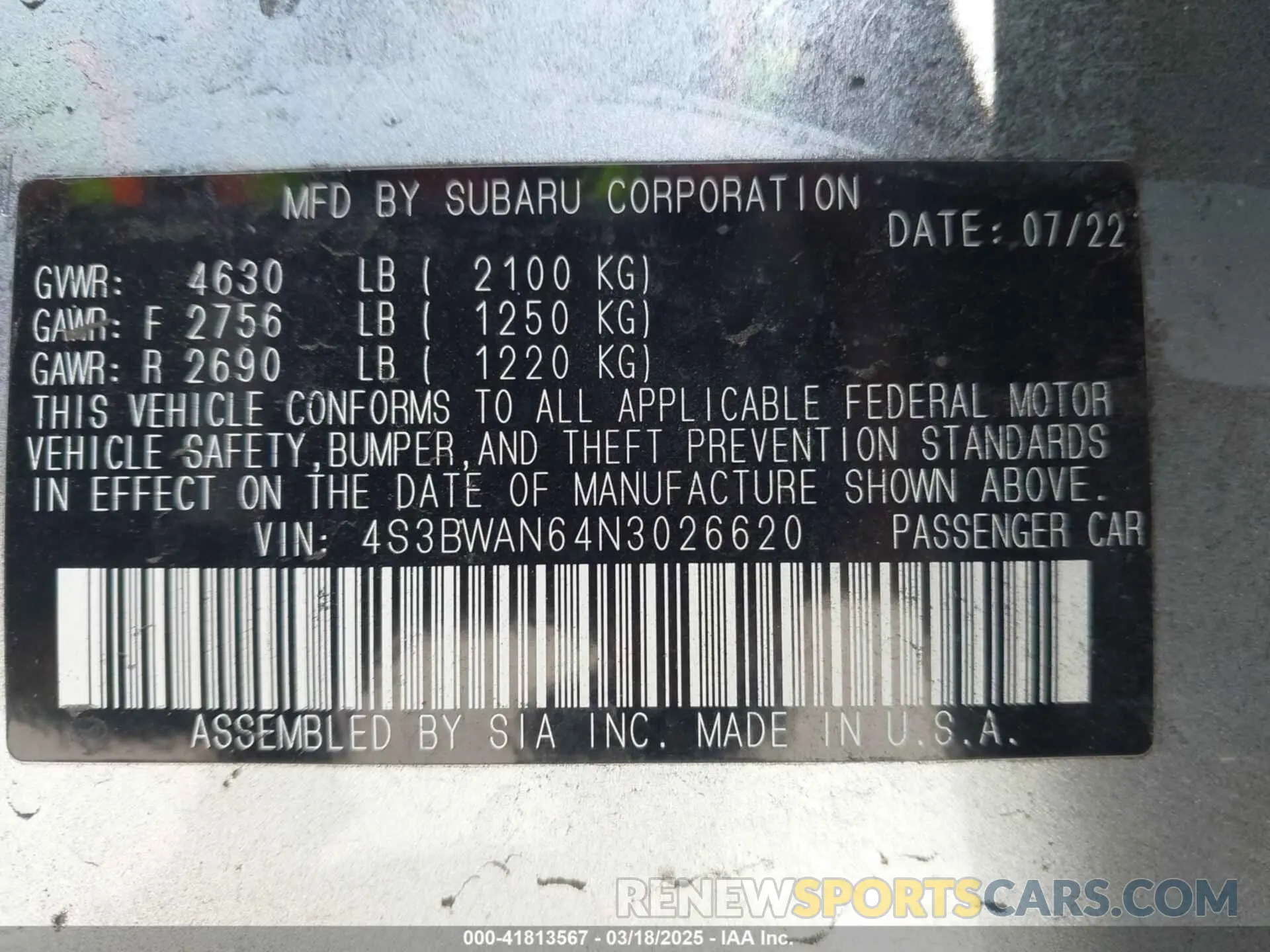 9 fotografías del automóvil dañado 4S3BWAN64N3026620 SUBARU LEGACY 2022