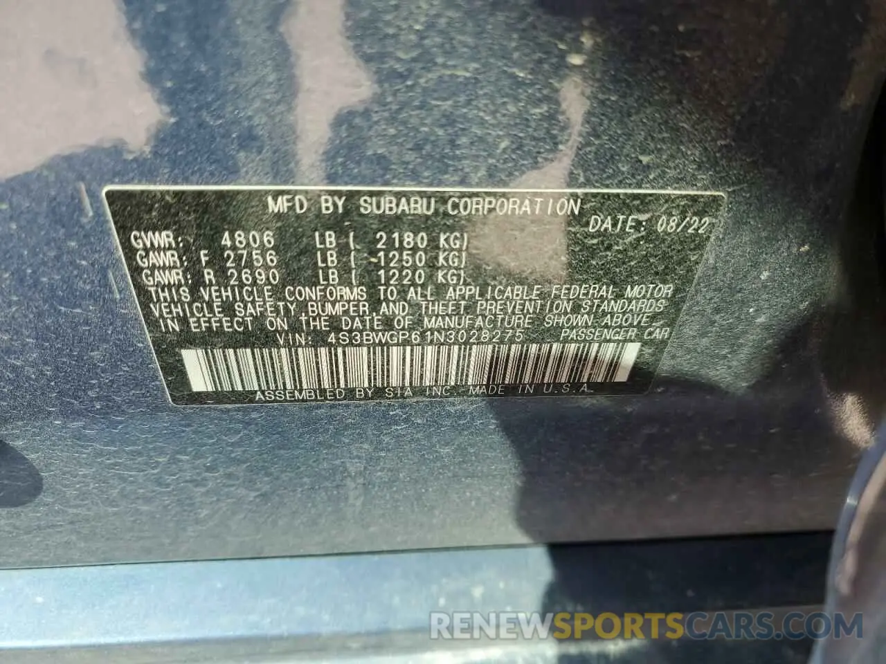 12 fotografías del automóvil dañado 4S3BWGP61N3028275 SUBARU LEGACY 2022