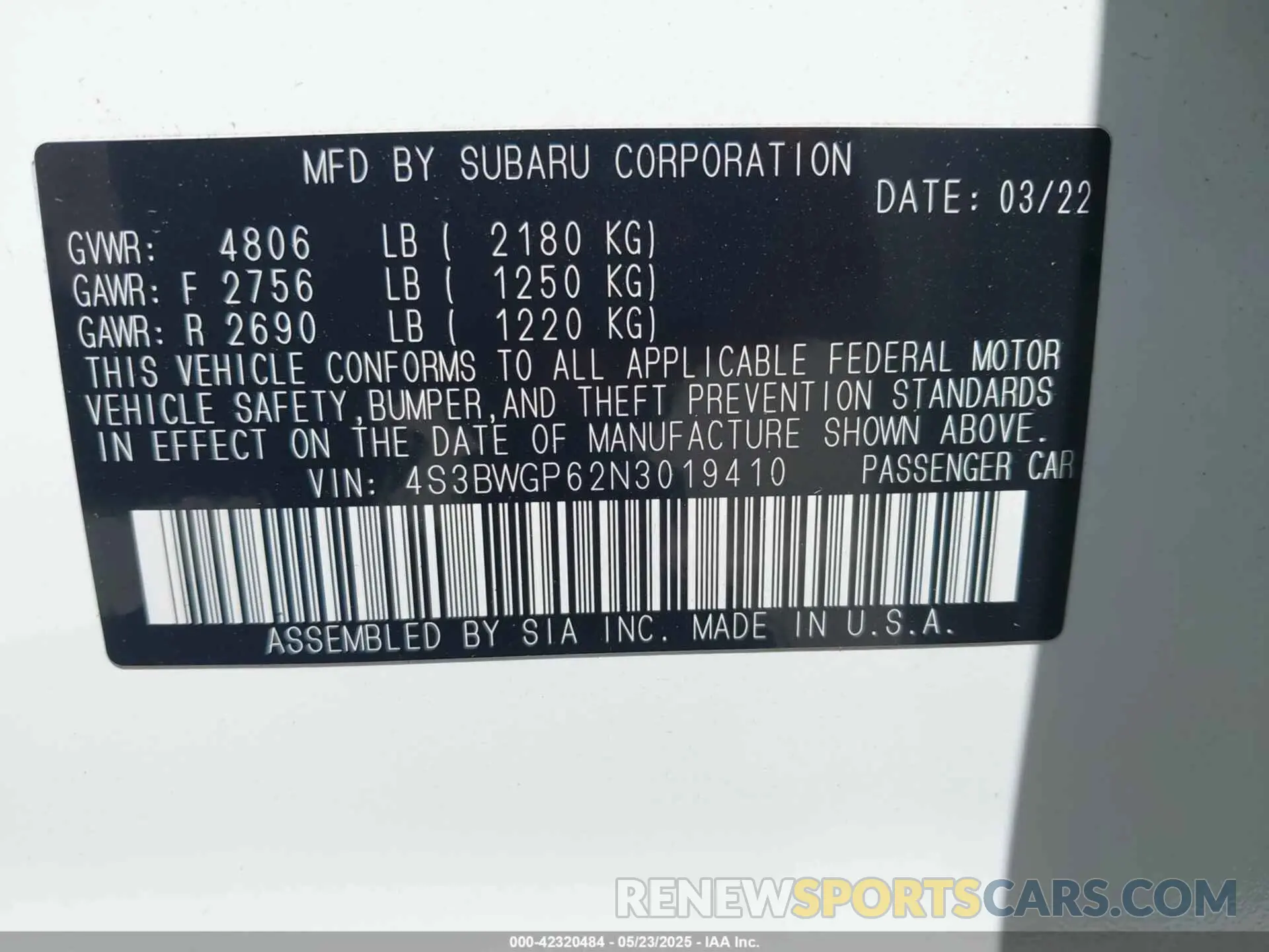 9 fotografías del automóvil dañado 4S3BWGP62N3019410 SUBARU LEGACY 2022