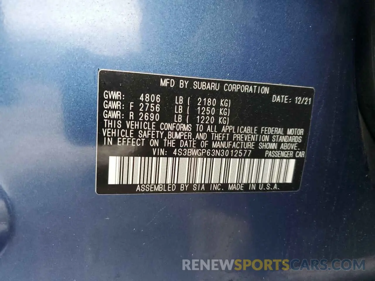 12 fotografías del automóvil dañado 4S3BWGP63N3012577 SUBARU LEGACY 2022