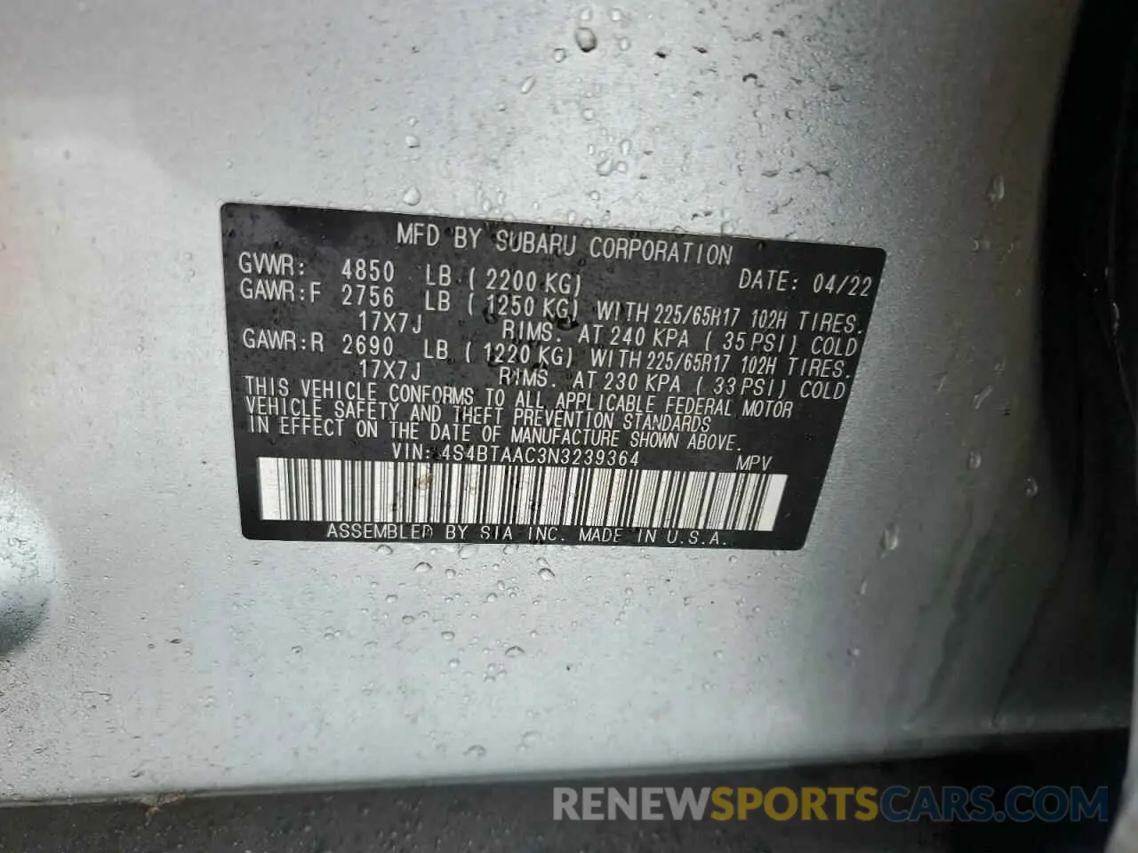 13 fotografías del automóvil dañado 4S4BTAAC3N3239364 SUBARU LEGACY 2022