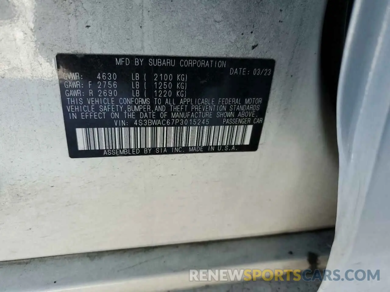 12 fotografías del automóvil dañado 4S3BWAC67P3015245 SUBARU LEGACY 2023