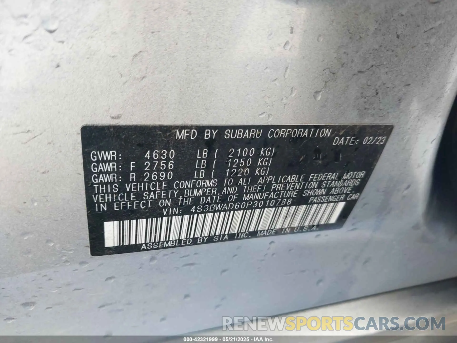9 fotografías del automóvil dañado 4S3BWAD60P3010788 SUBARU LEGACY 2023