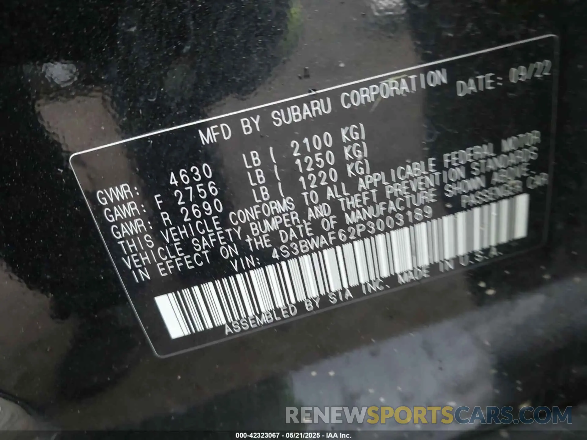 9 fotografías del automóvil dañado 4S3BWAF62P3003189 SUBARU LEGACY 2023