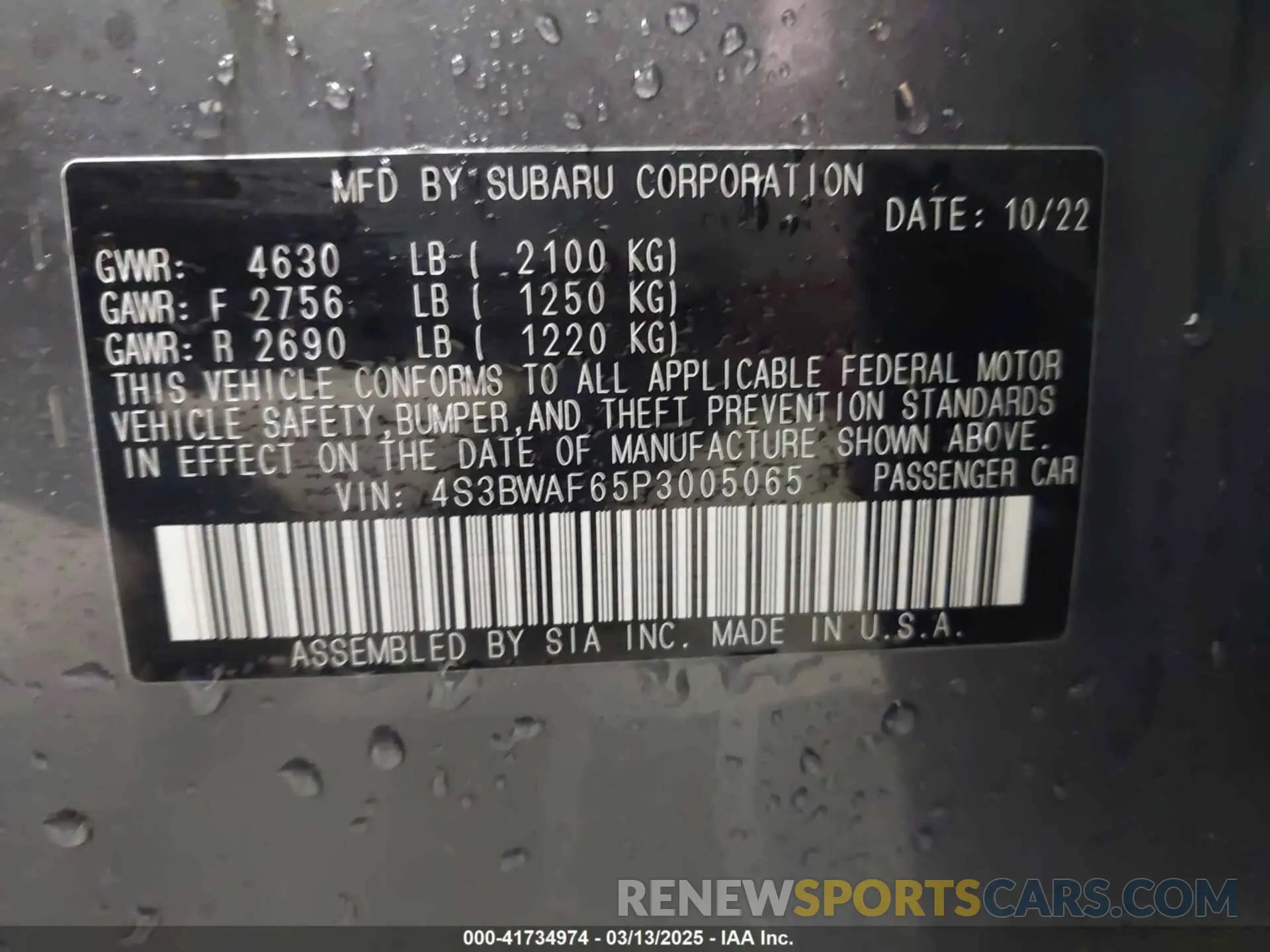 9 fotografías del automóvil dañado 4S3BWAF65P3005065 SUBARU LEGACY 2023
